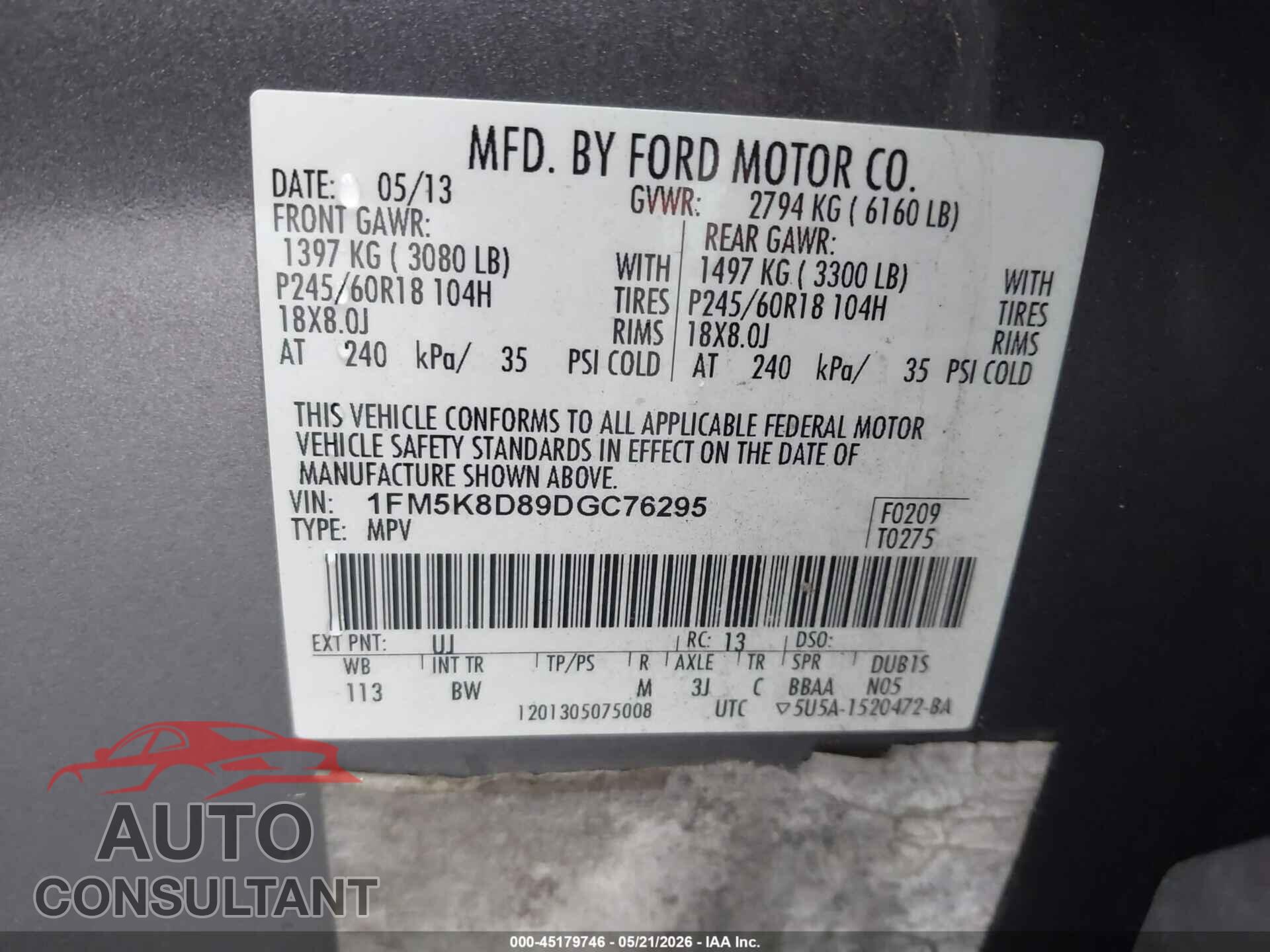 FORD EXPLORER 2013 - 1FM5K8D89DGC76295