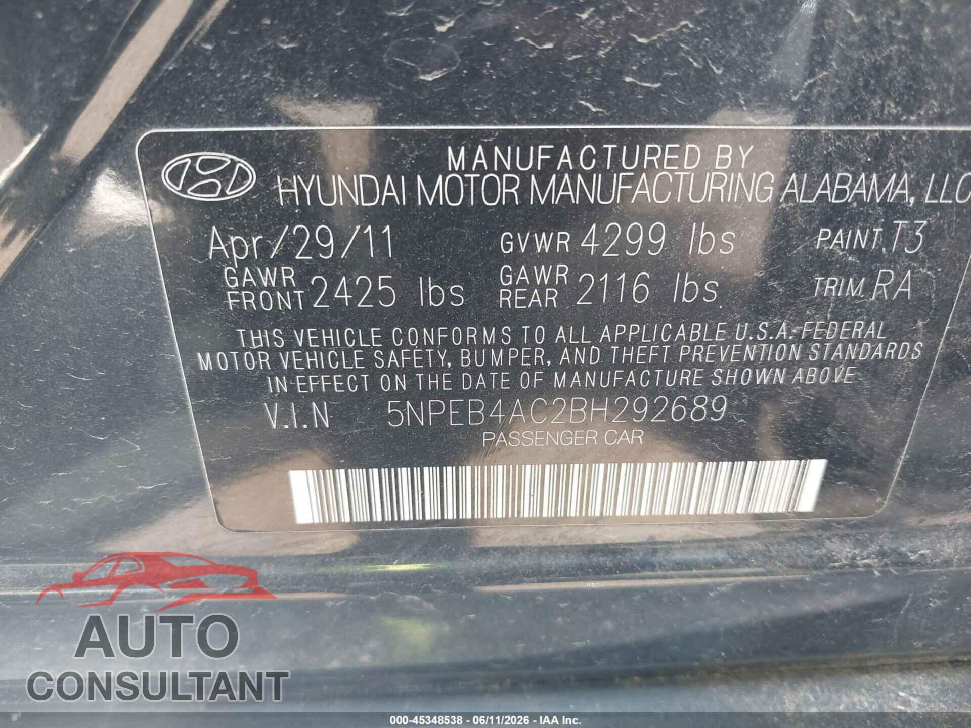 HYUNDAI SONATA 2011 - 5NPEB4AC2BH292689