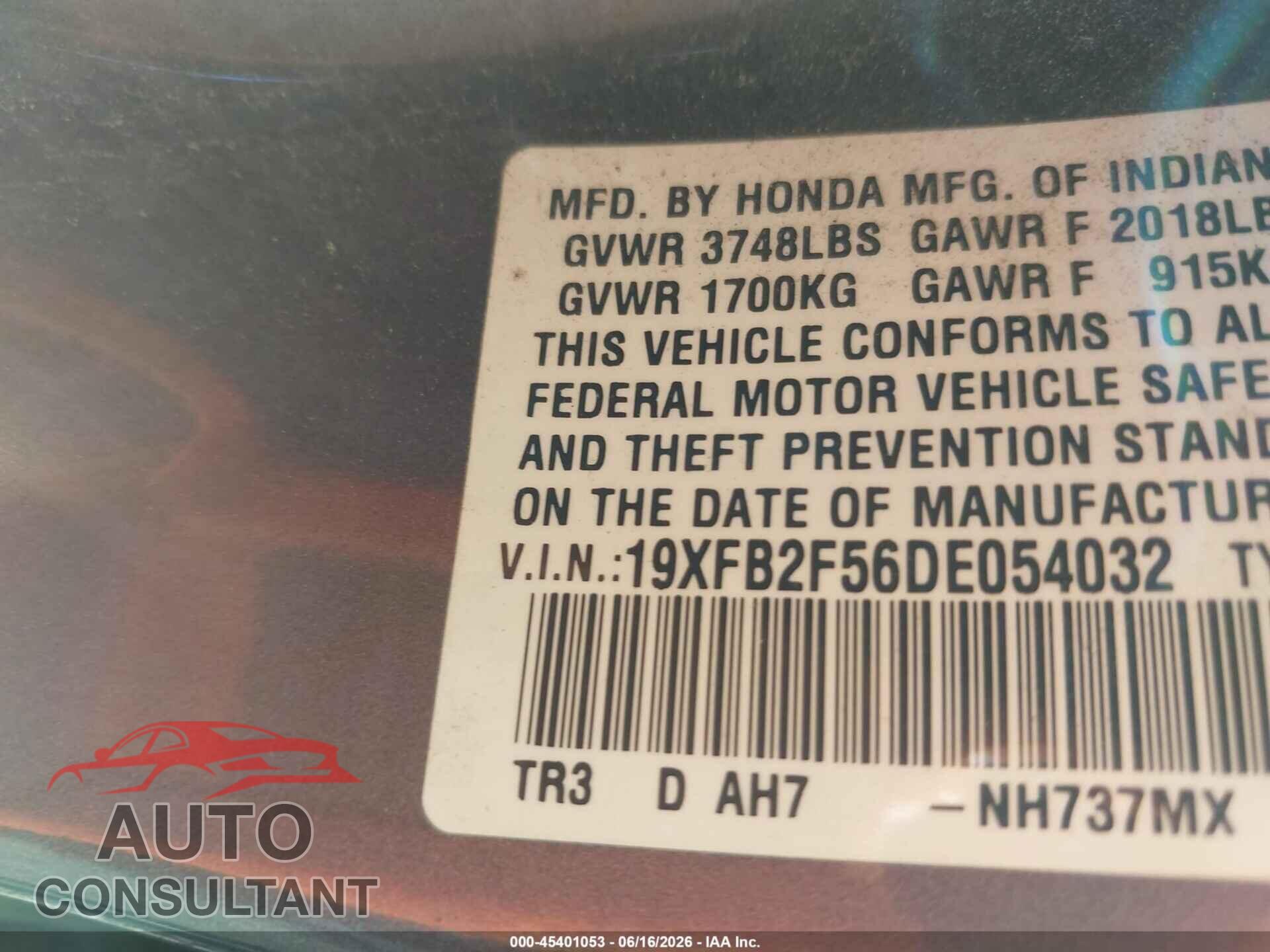 HONDA CIVIC 2013 - 19XFB2F56DE054032