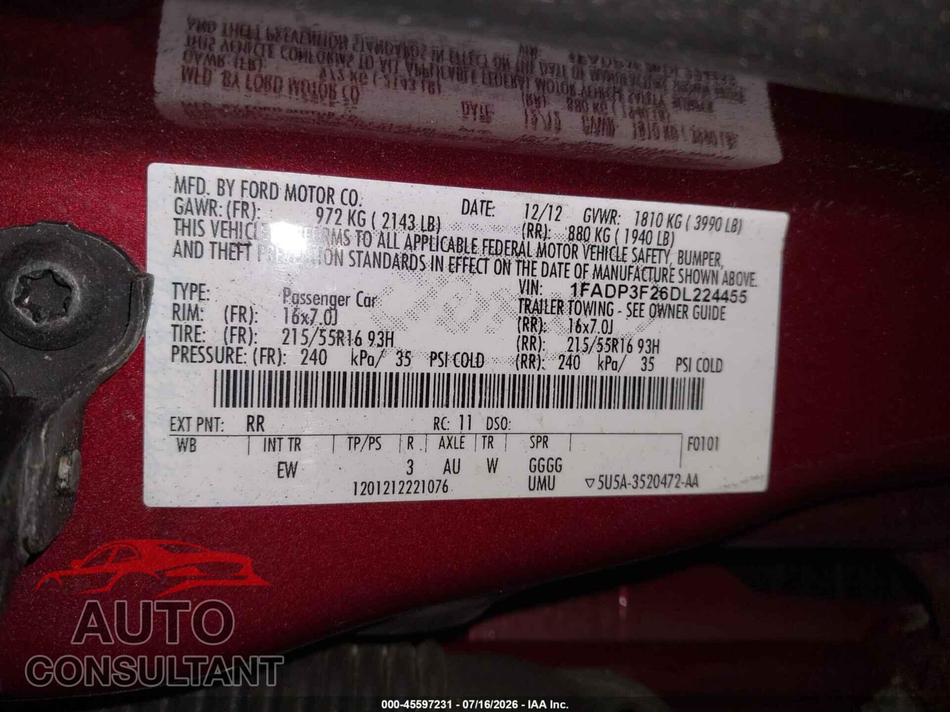 FORD FOCUS 2013 - 1FADP3F26DL224455