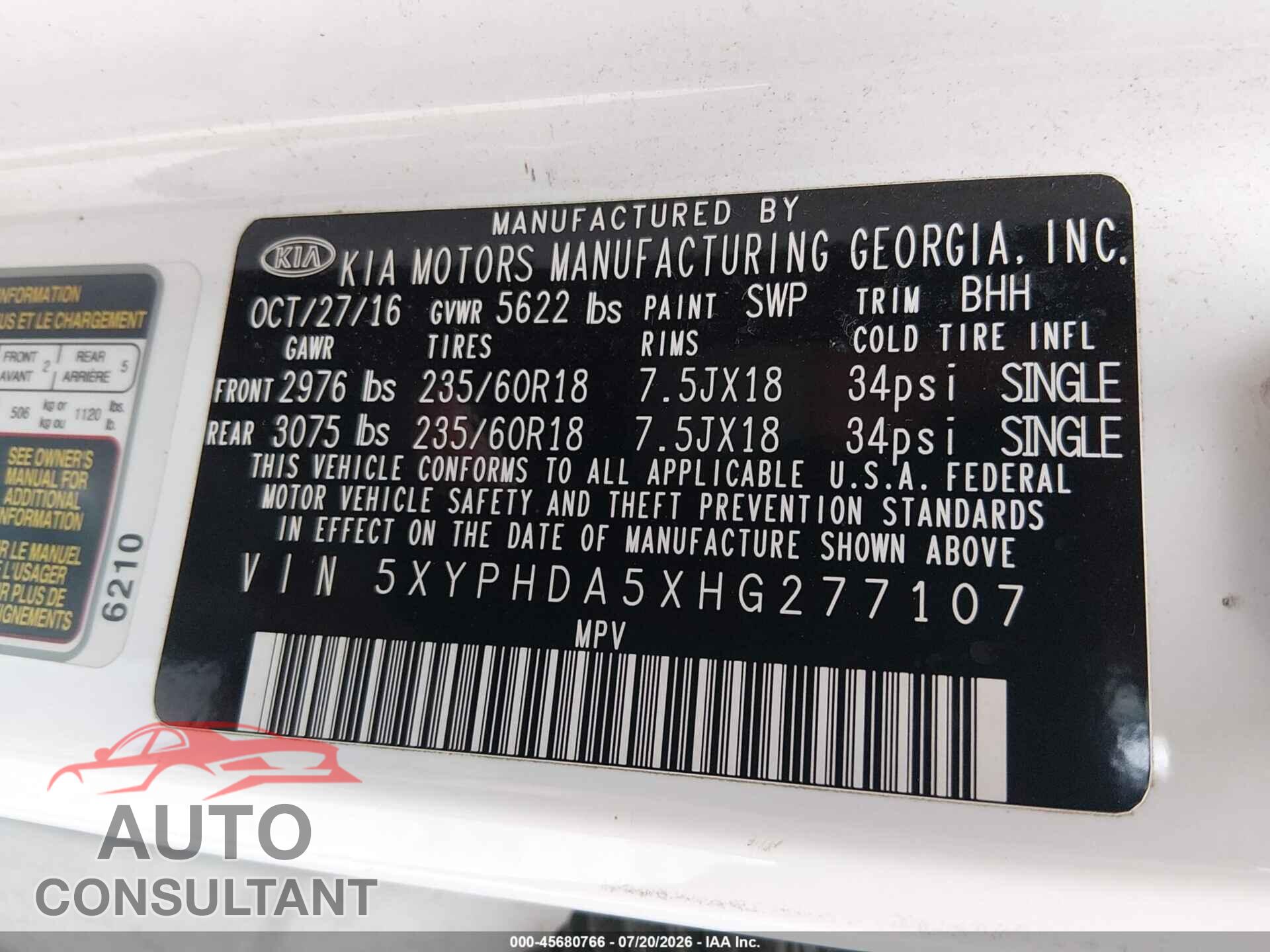 KIA SORENTO 2017 - 5XYPHDA5XHG277107