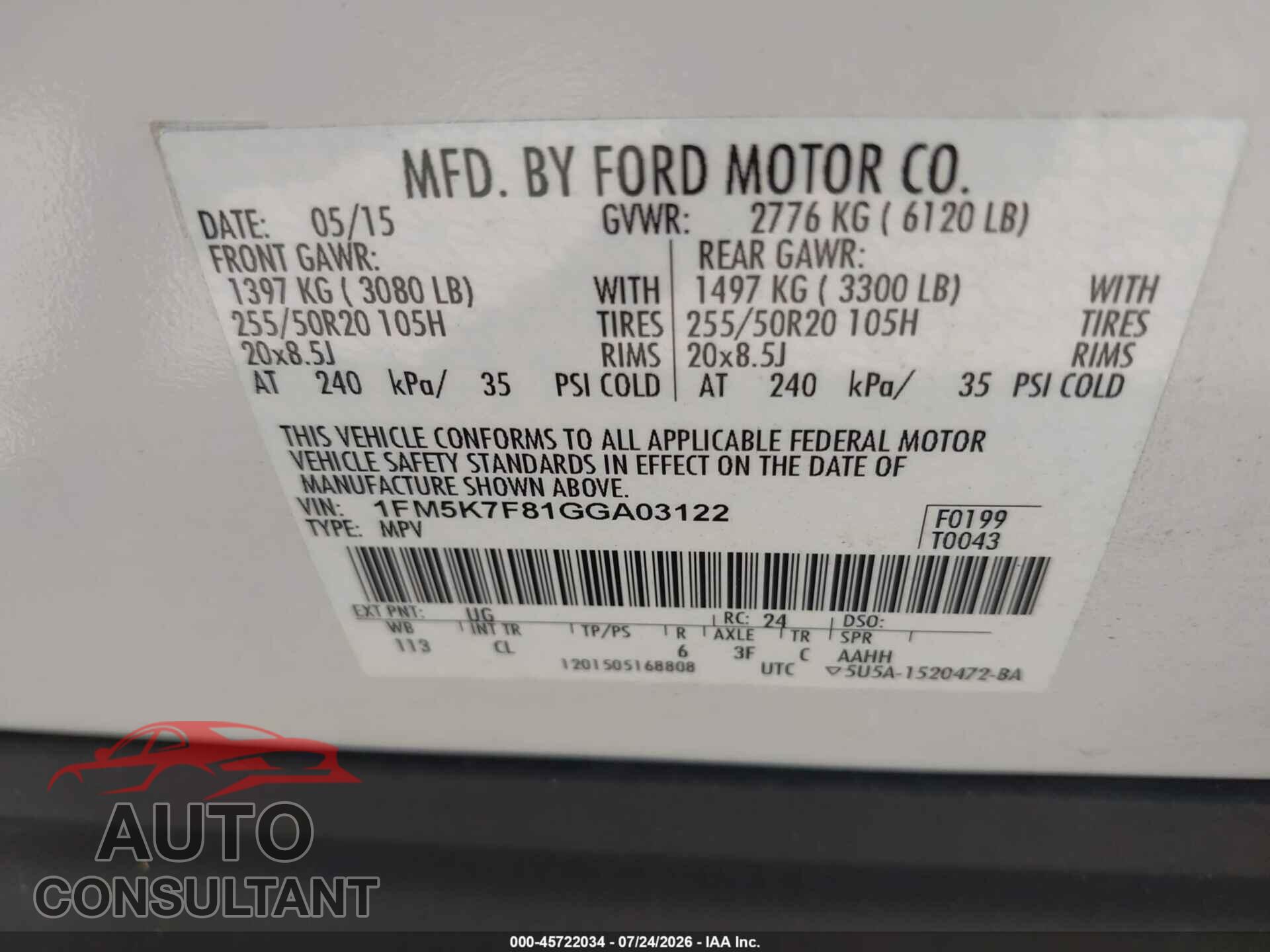 FORD EXPLORER 2016 - 1FM5K7F81GGA03122