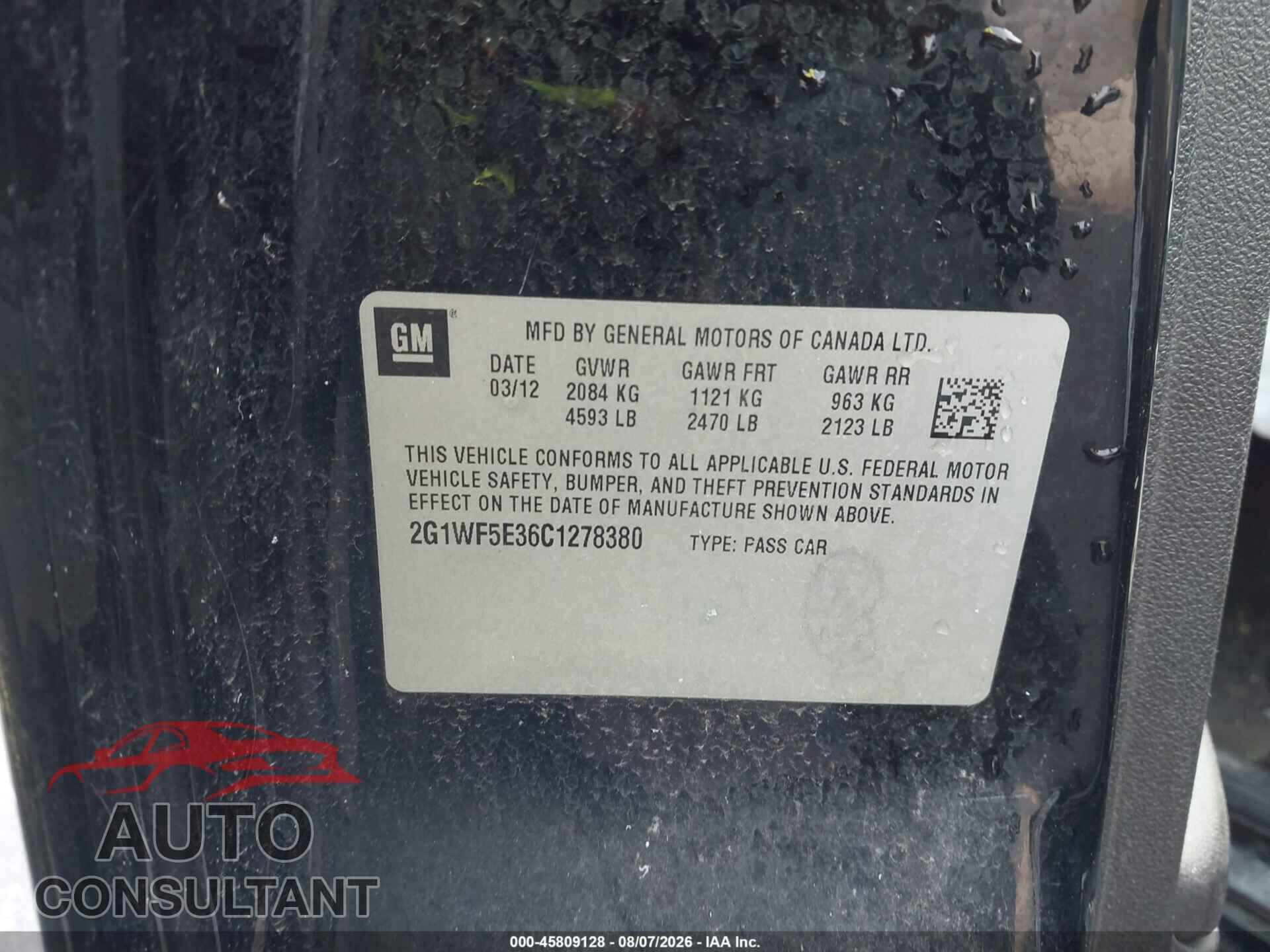 CHEVROLET IMPALA 2012 - 2G1WF5E36C1278380