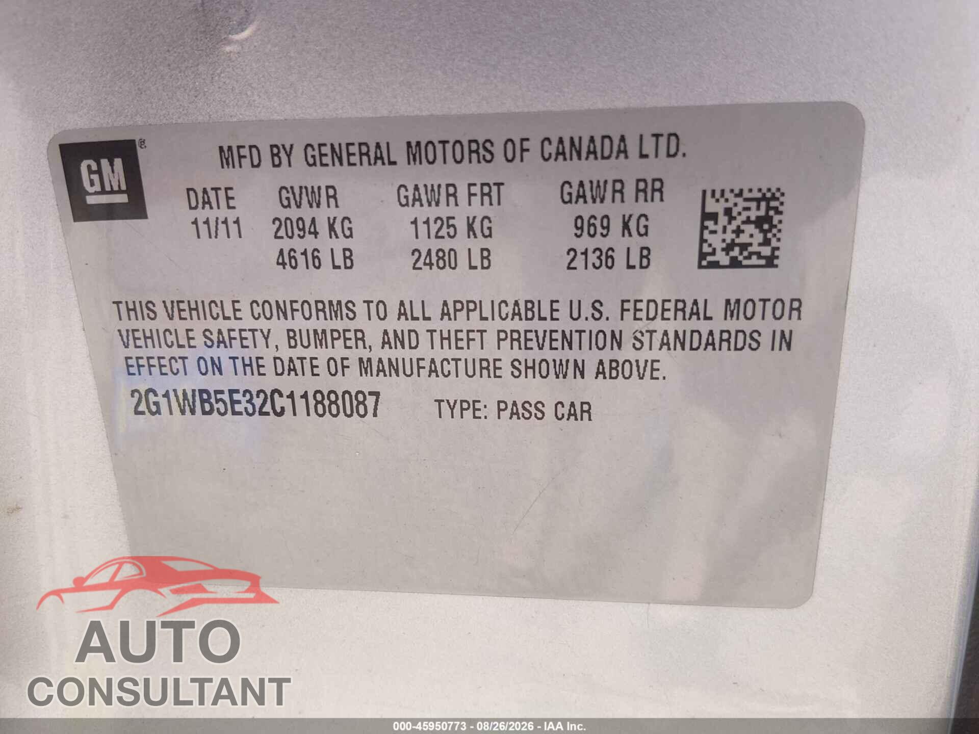 CHEVROLET IMPALA 2012 - 2G1WB5E32C1188087