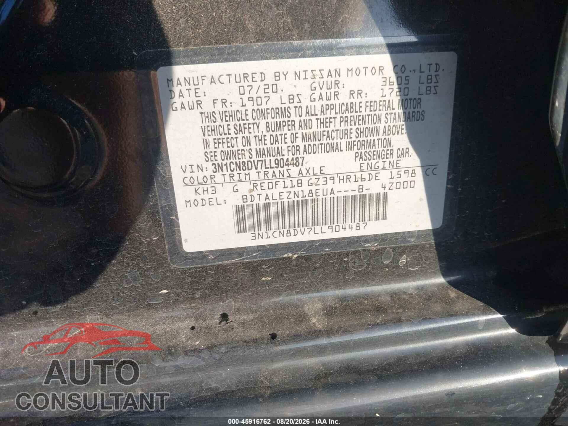 NISSAN VERSA 2020 - 3N1CN8DV7LL904487