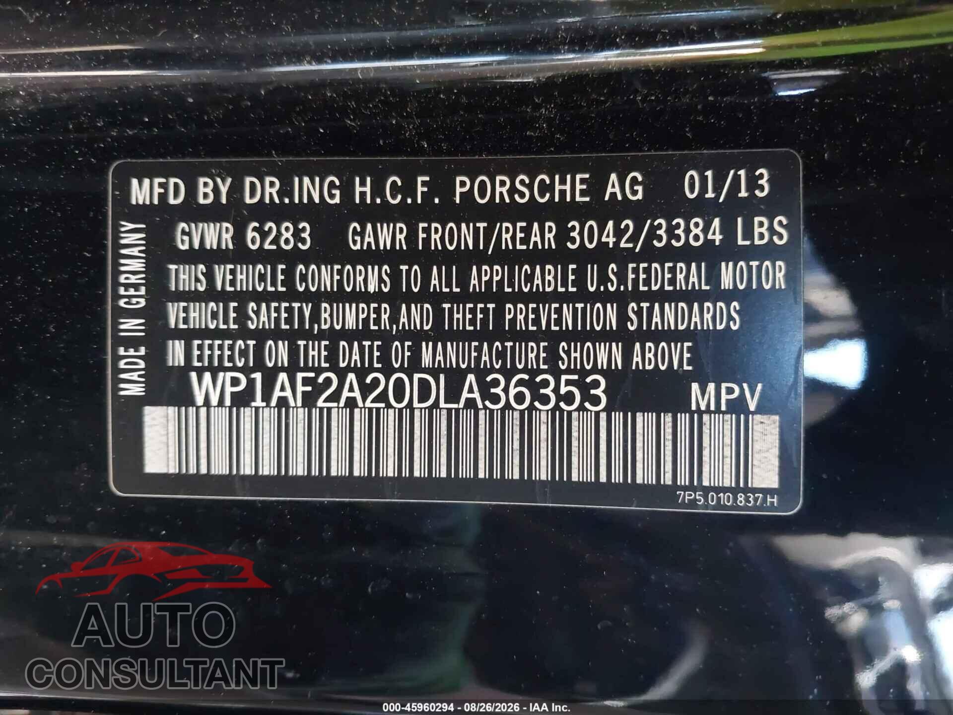 PORSCHE CAYENNE 2013 - WP1AF2A20DLA36353