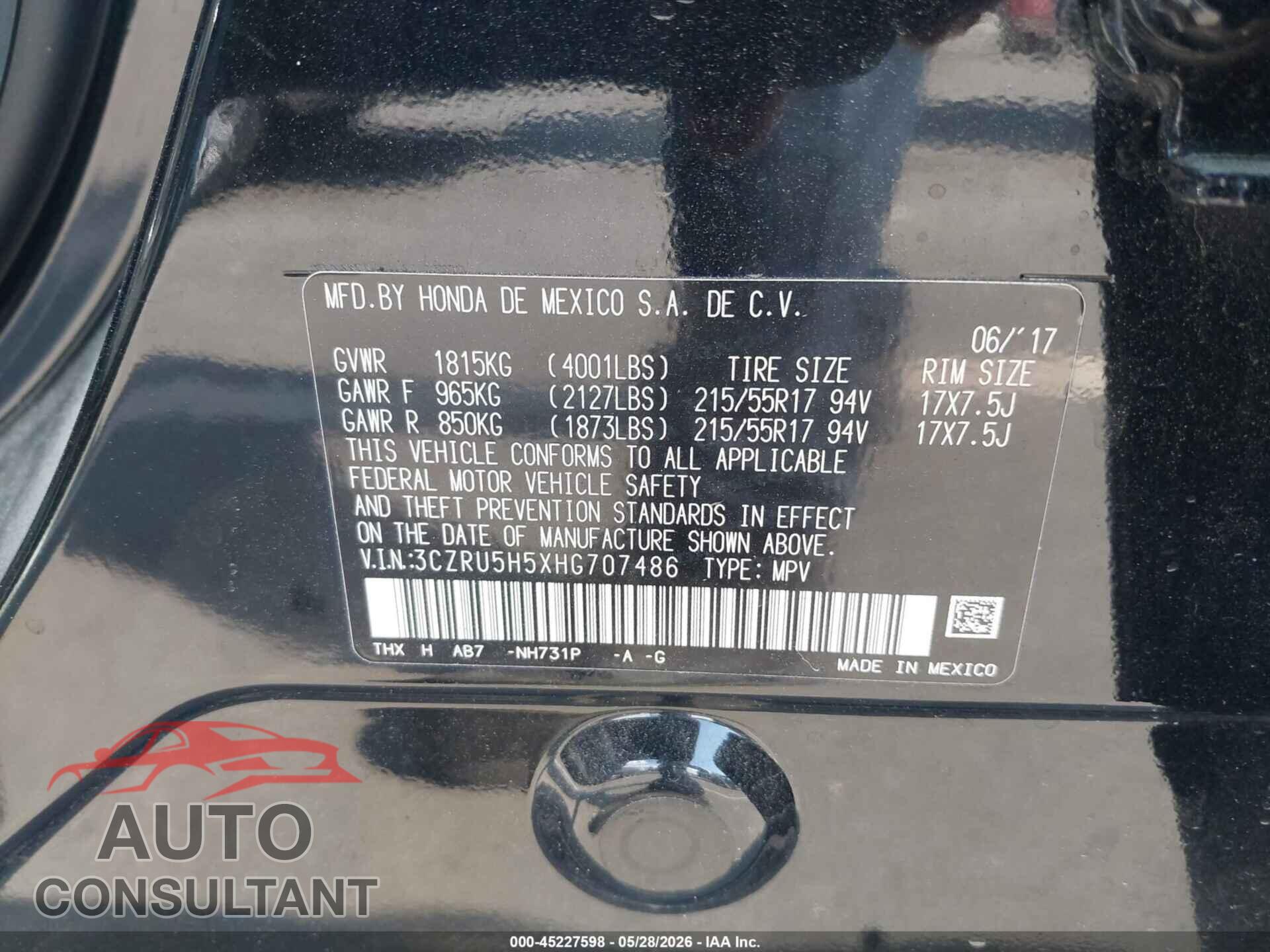 HONDA HR-V 2017 - 3CZRU5H5XHG707486