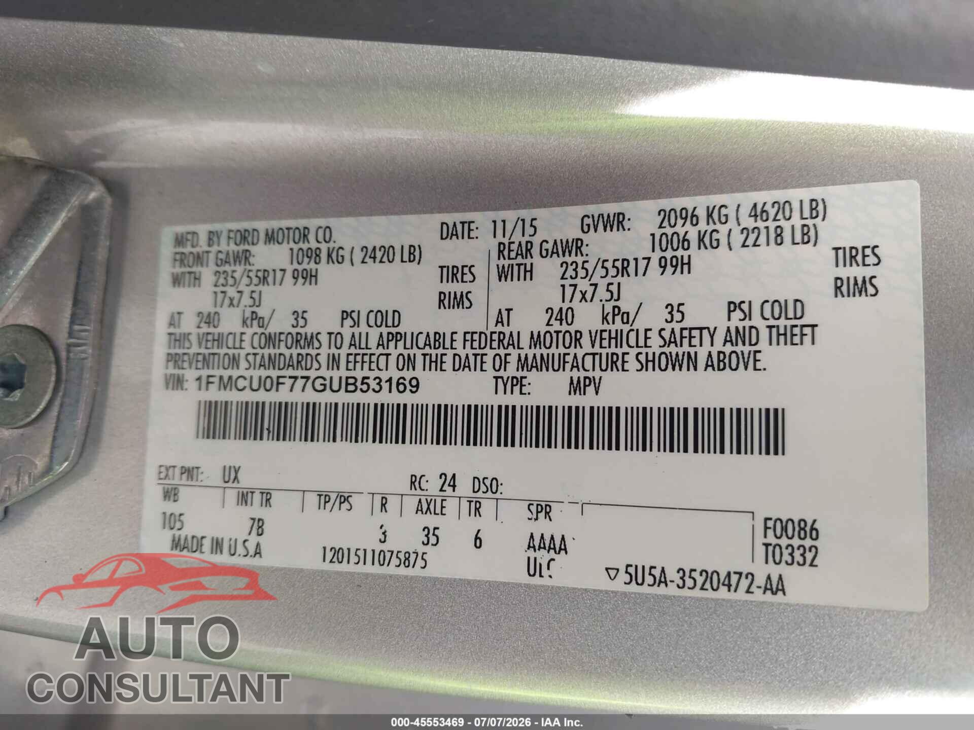 FORD ESCAPE 2016 - 1FMCU0F77GUB53169