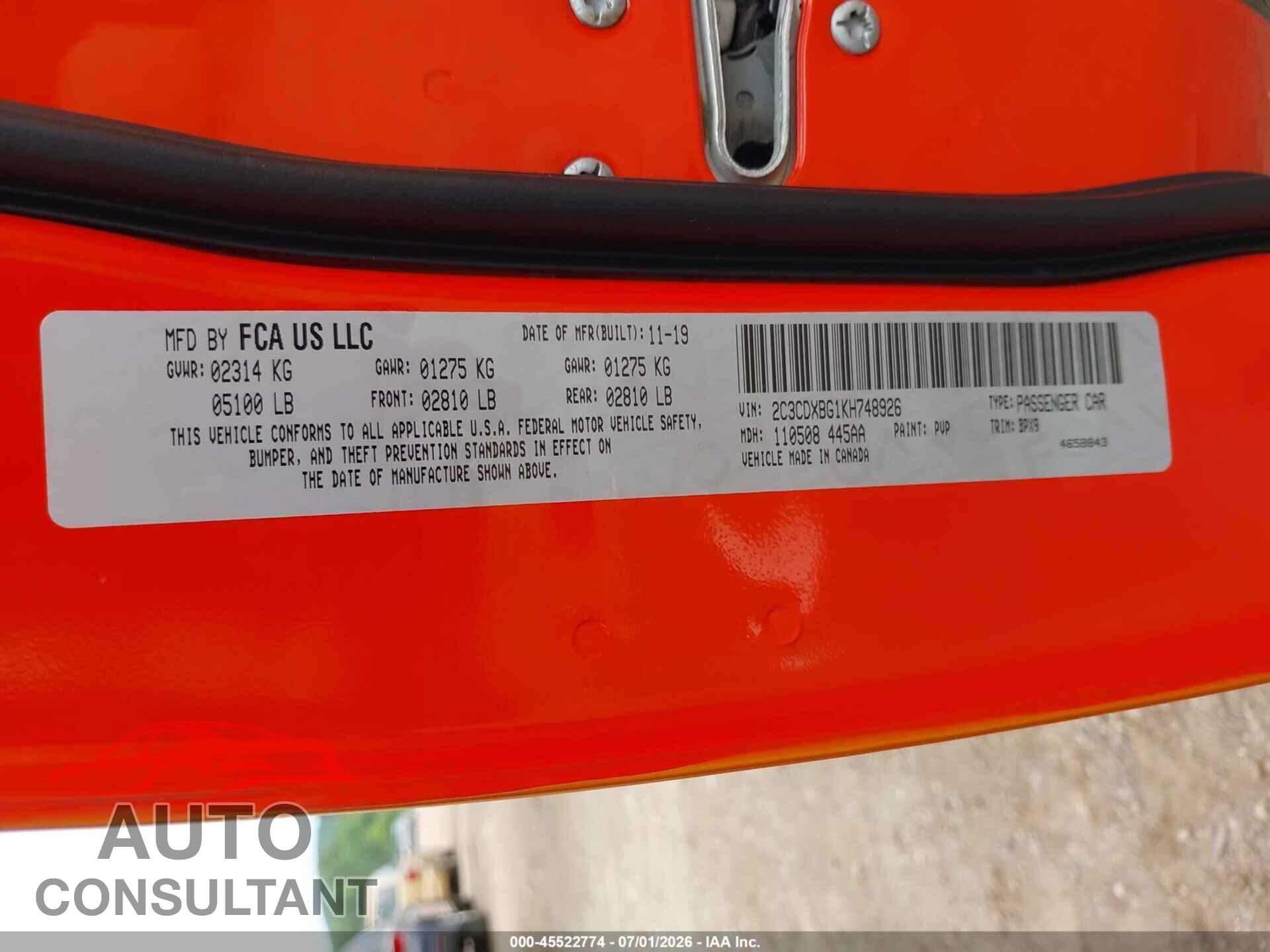 DODGE CHARGER 2019 - 2C3CDXBG1KH748926