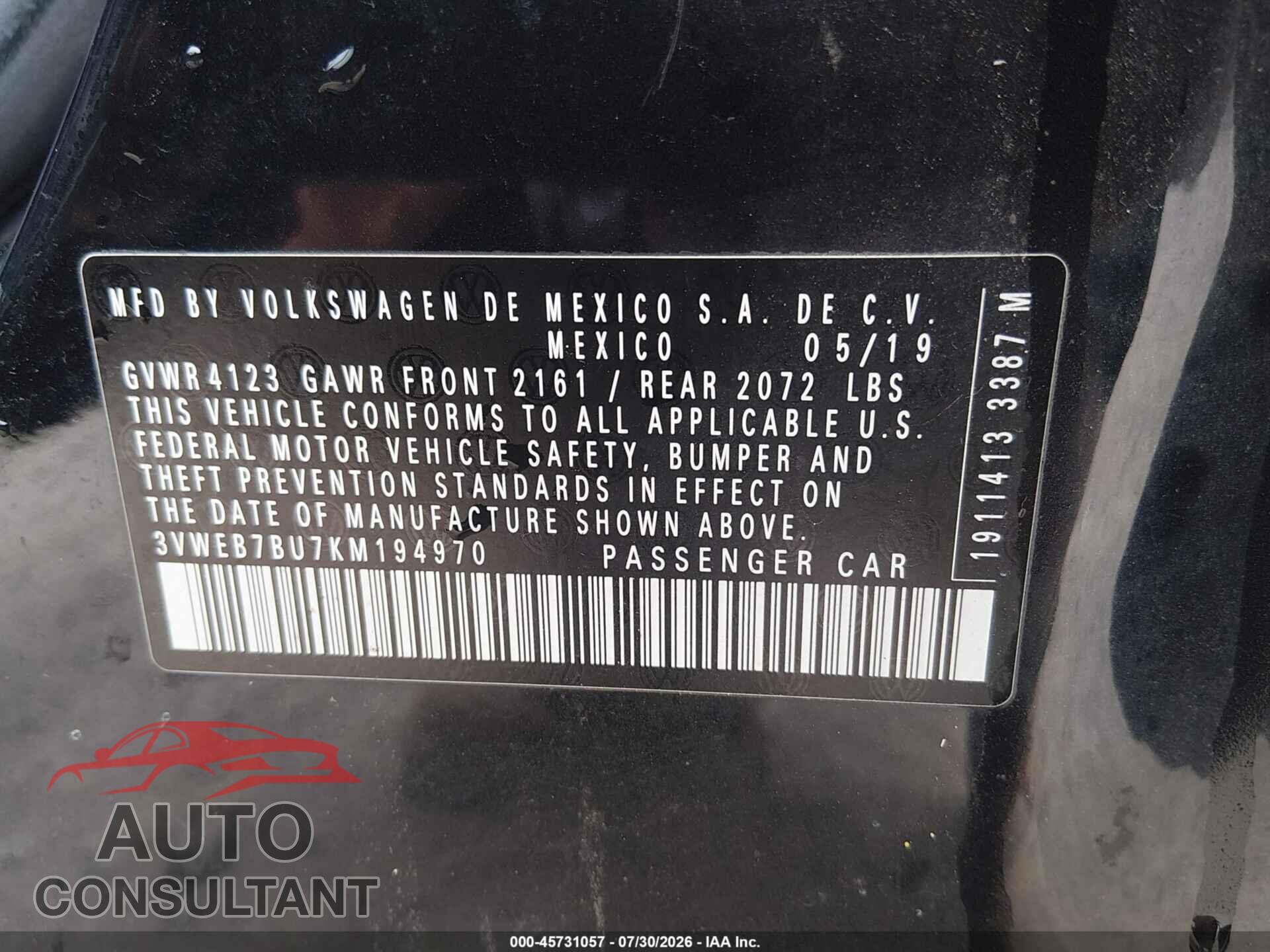 VOLKSWAGEN JETTA 2019 - 3VWEB7BU7KM194970