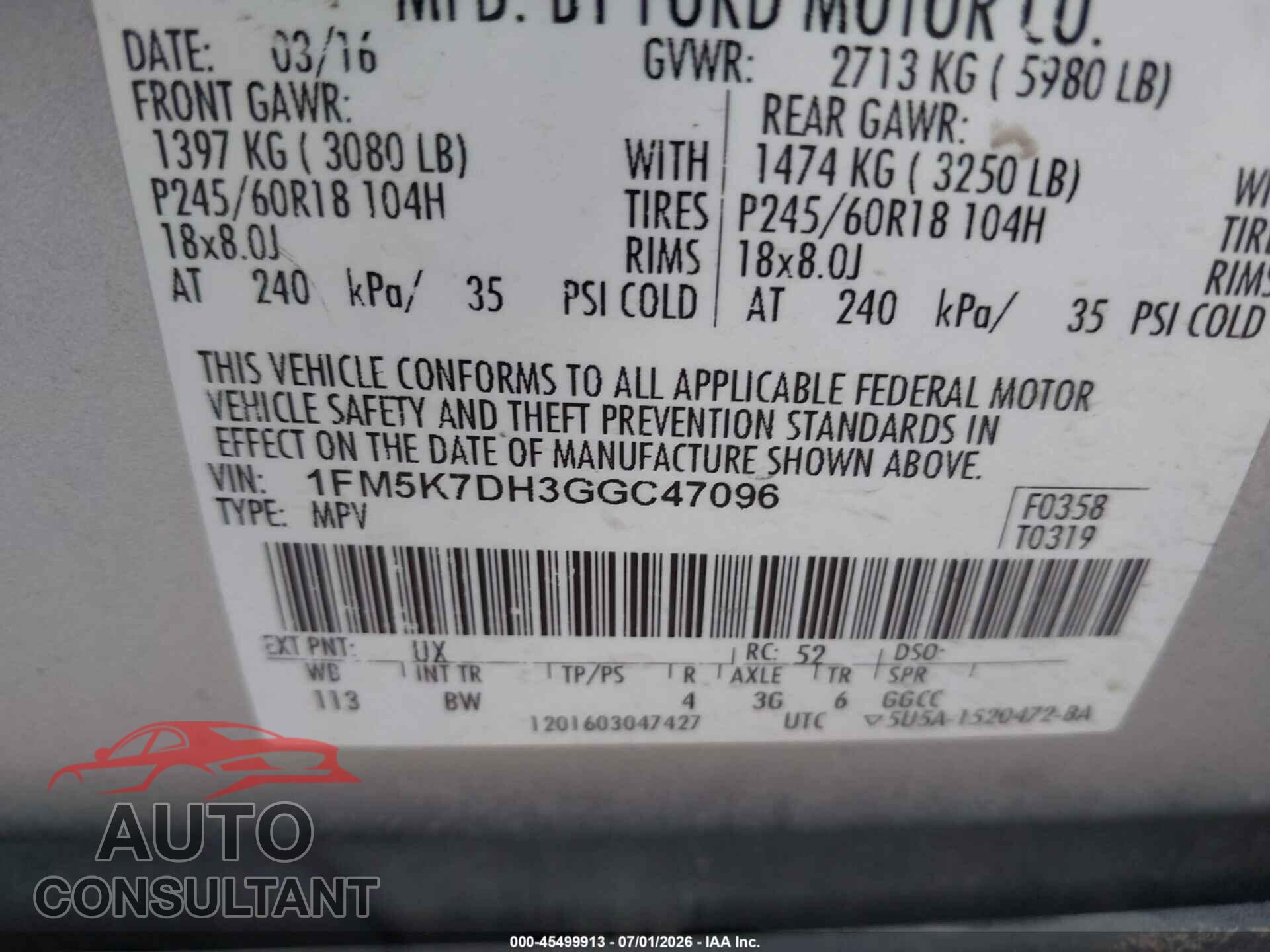FORD EXPLORER 2016 - 1FM5K7DH3GGC47096
