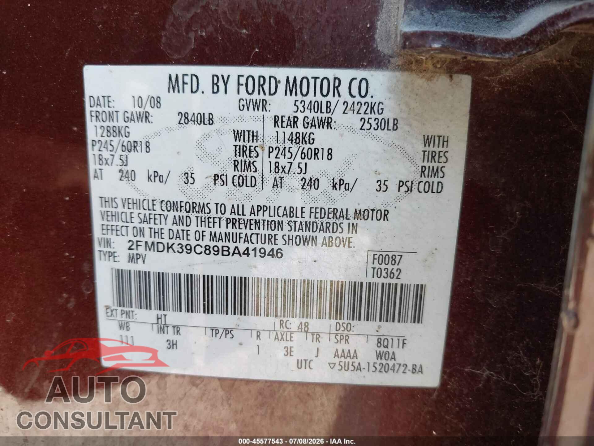 FORD EDGE 2009 - 2FMDK39C89BA41946