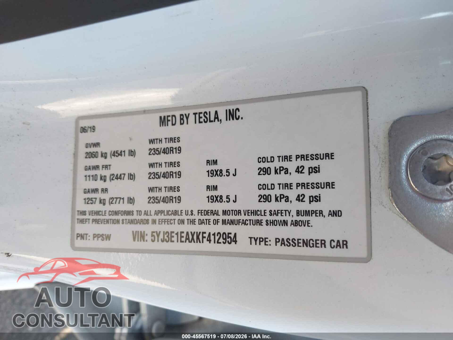 TESLA MODEL 3 2019 - 5YJ3E1EAXKF412954