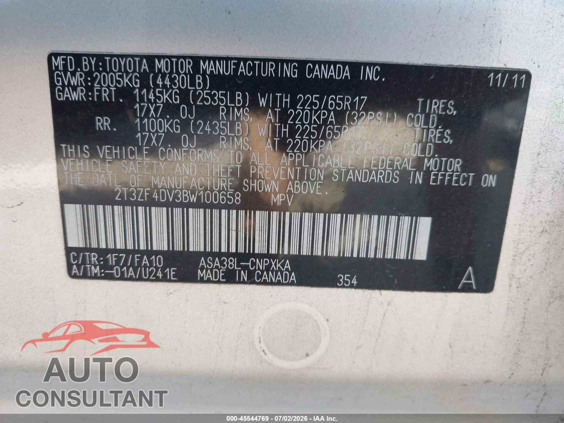 TOYOTA RAV4 2011 - 2T3ZF4DV3BW100658