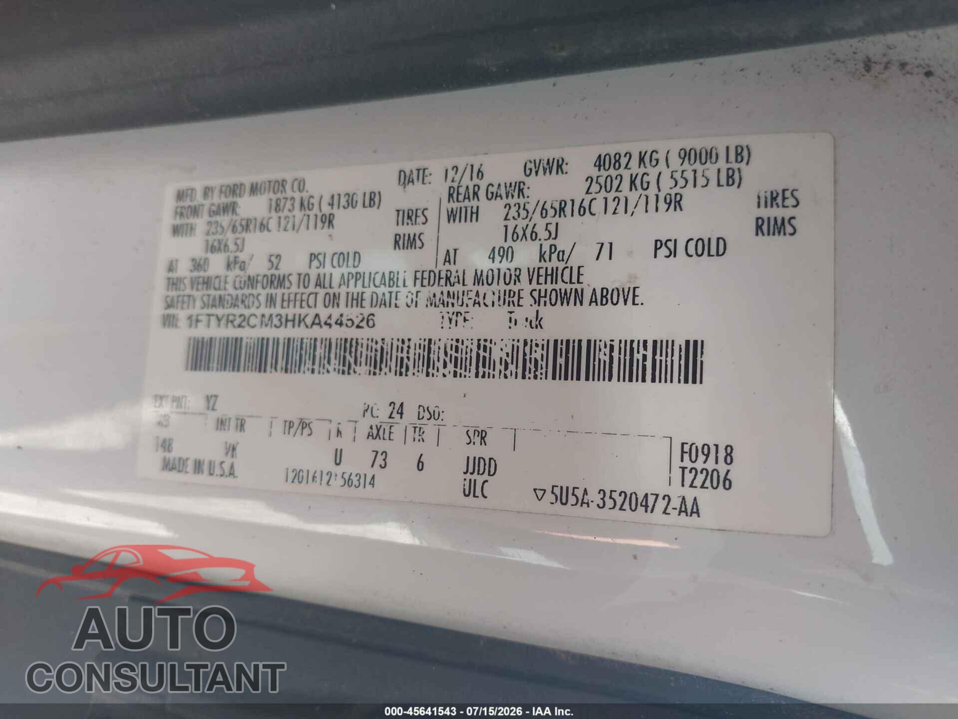 FORD TRANSIT-250 2017 - 1FTYR2CM3HKA44626