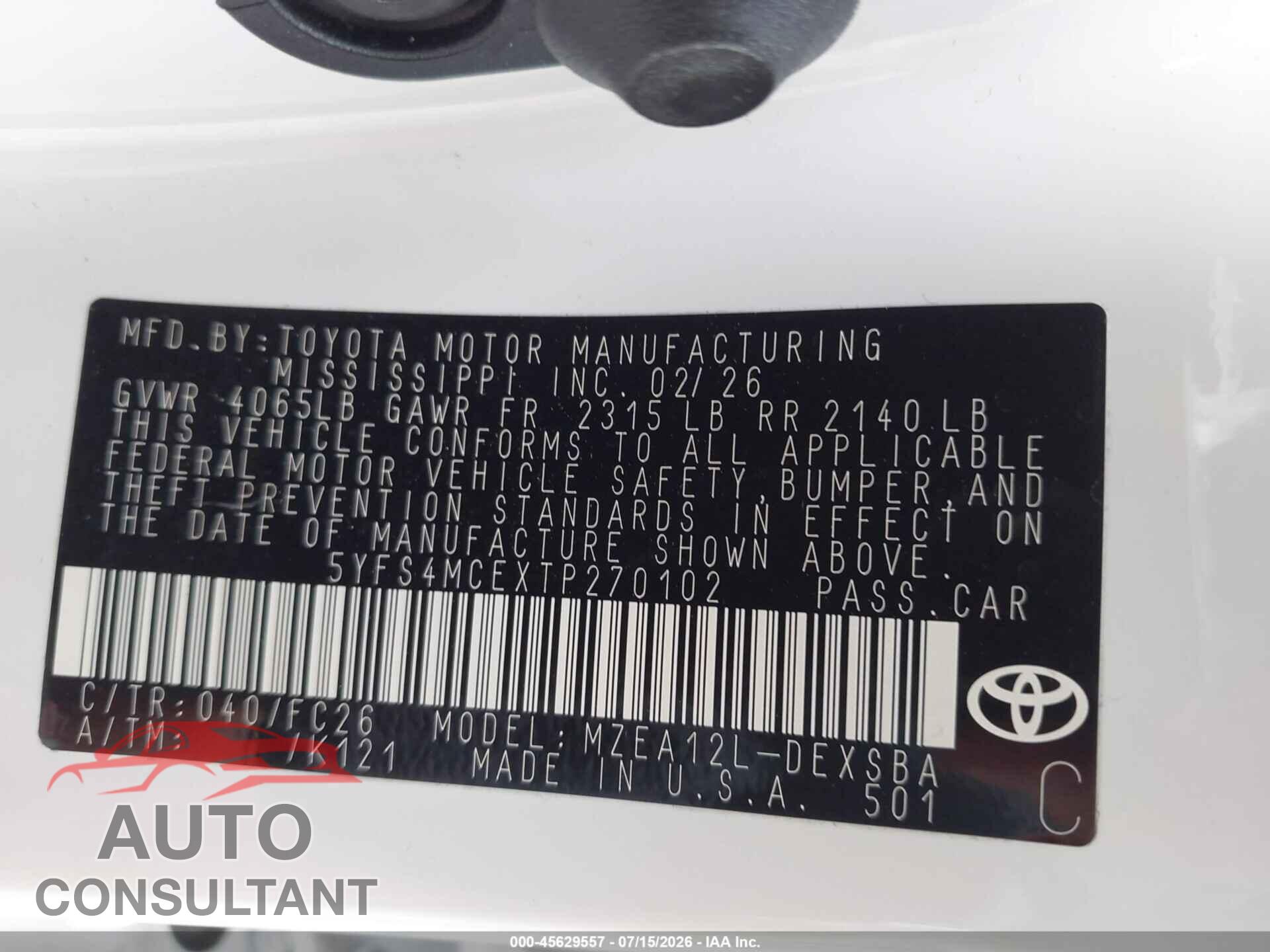 TOYOTA COROLLA 2026 - 5YFS4MCEXTP270102