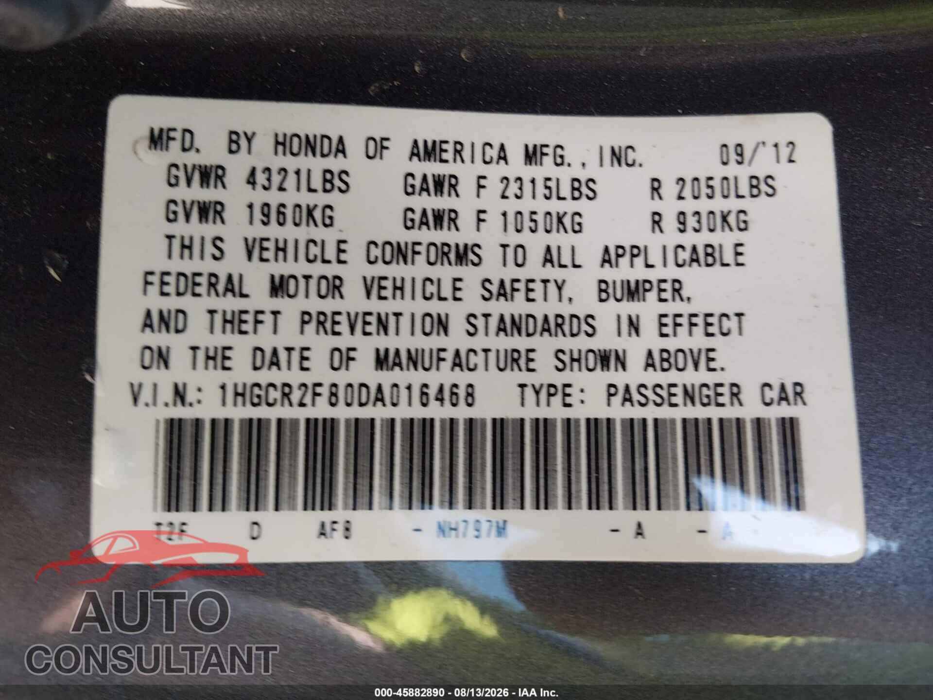 HONDA ACCORD 2013 - 1HGCR2F80DA016468