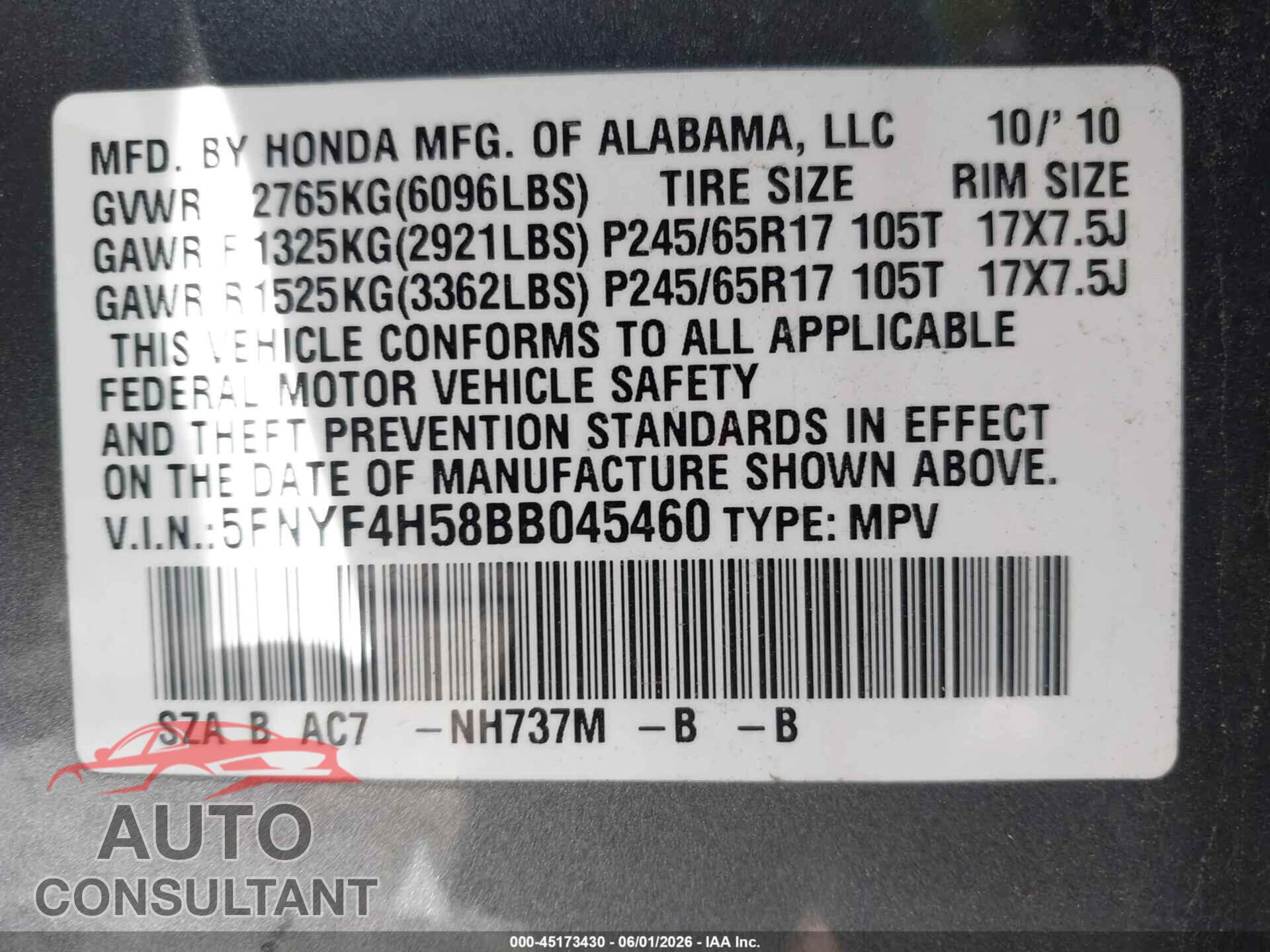 HONDA PILOT 2011 - 5FNYF4H58BB045460