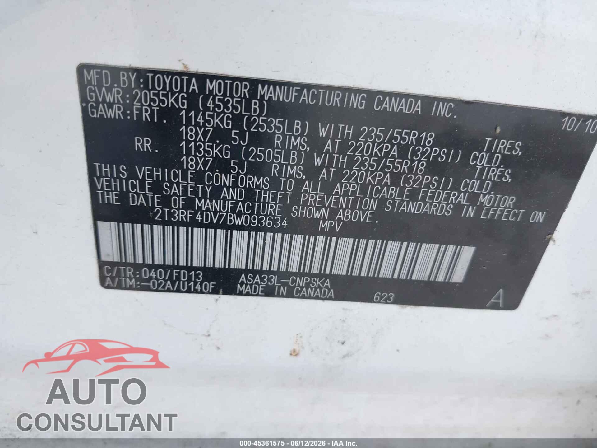 TOYOTA RAV4 2011 - 2T3RF4DV7BW093634