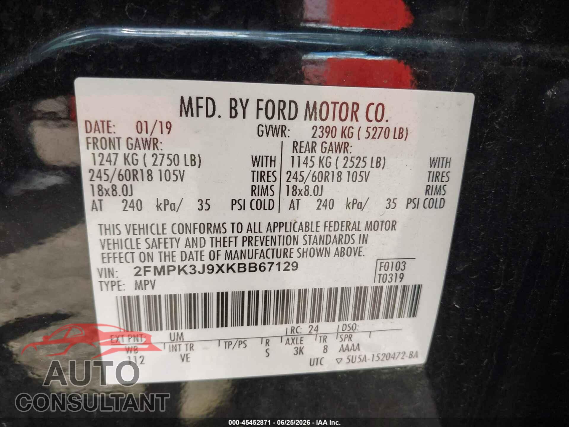 FORD EDGE 2019 - 2FMPK3J9XKBB67129
