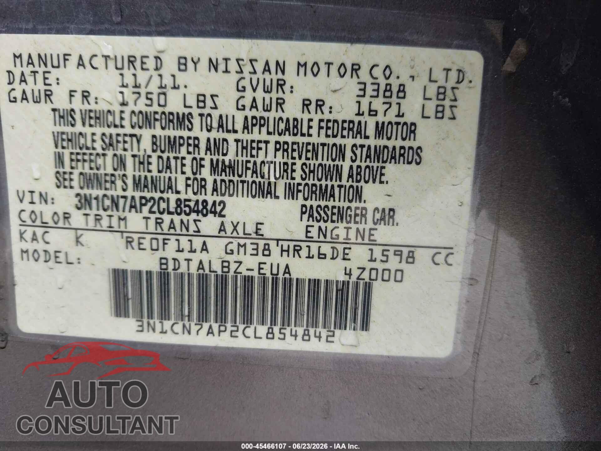 NISSAN VERSA 2012 - 3N1CN7AP2CL854842