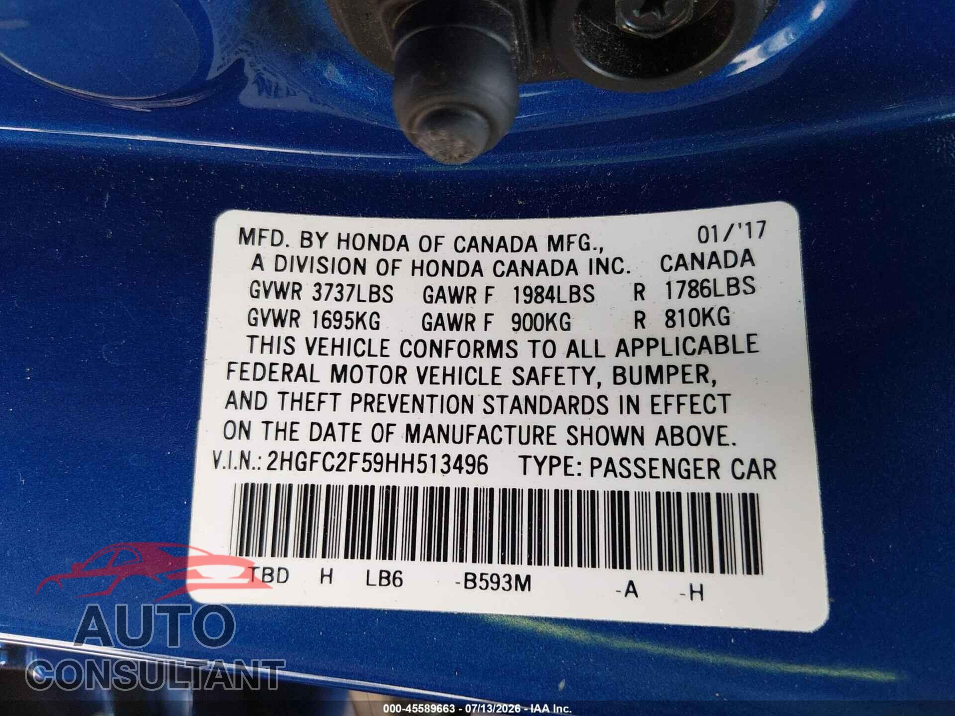 HONDA CIVIC 2017 - 2HGFC2F59HH513496