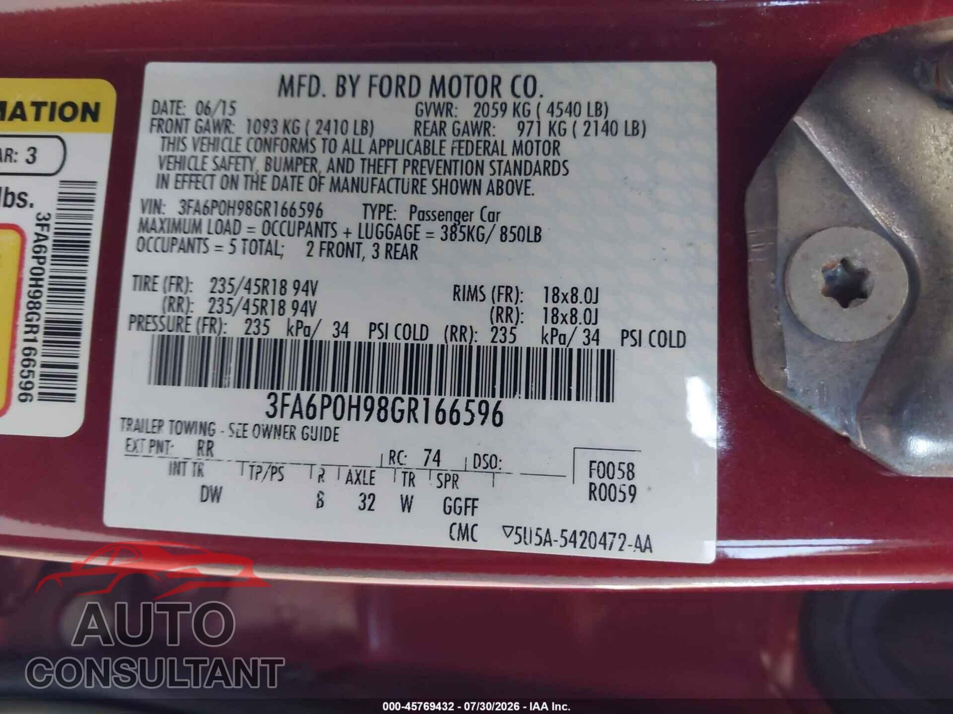 FORD FUSION 2016 - 3FA6P0H98GR166596