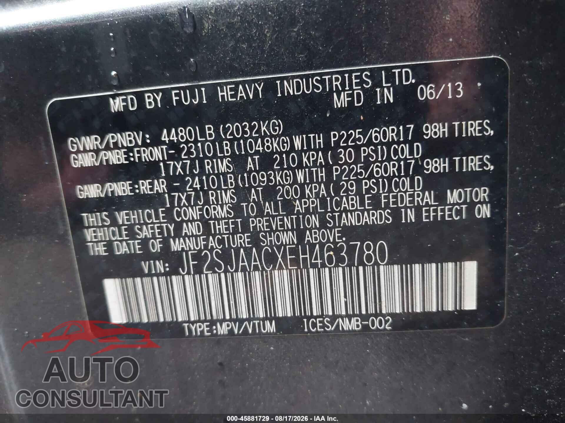 SUBARU FORESTER 2014 - JF2SJAACXEH463780