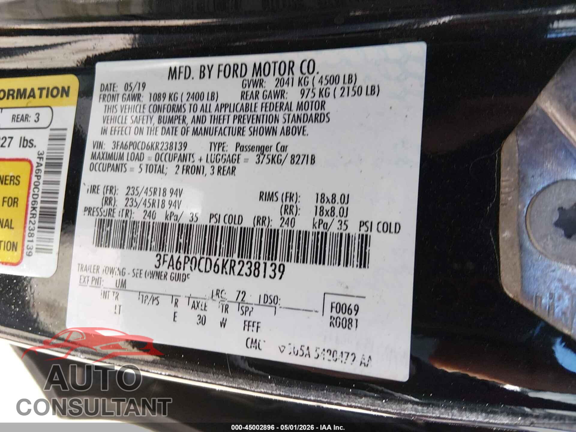 FORD FUSION 2019 - 3FA6P0CD6KR238139