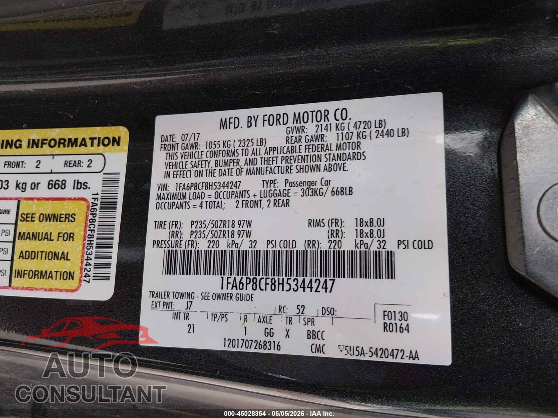 FORD MUSTANG 2017 - 1FA6P8CF8H5344247