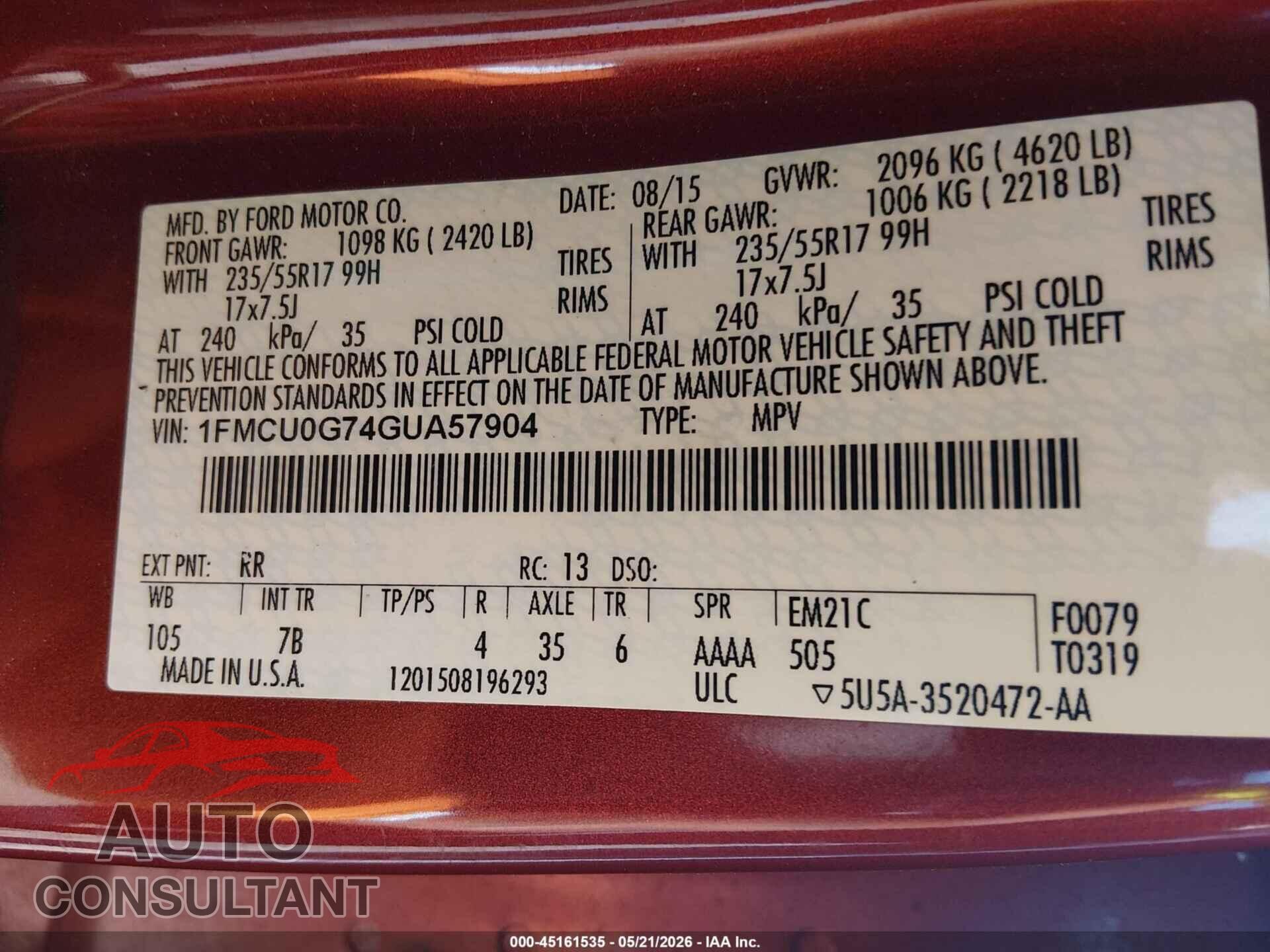 FORD ESCAPE 2016 - 1FMCU0G74GUA57904
