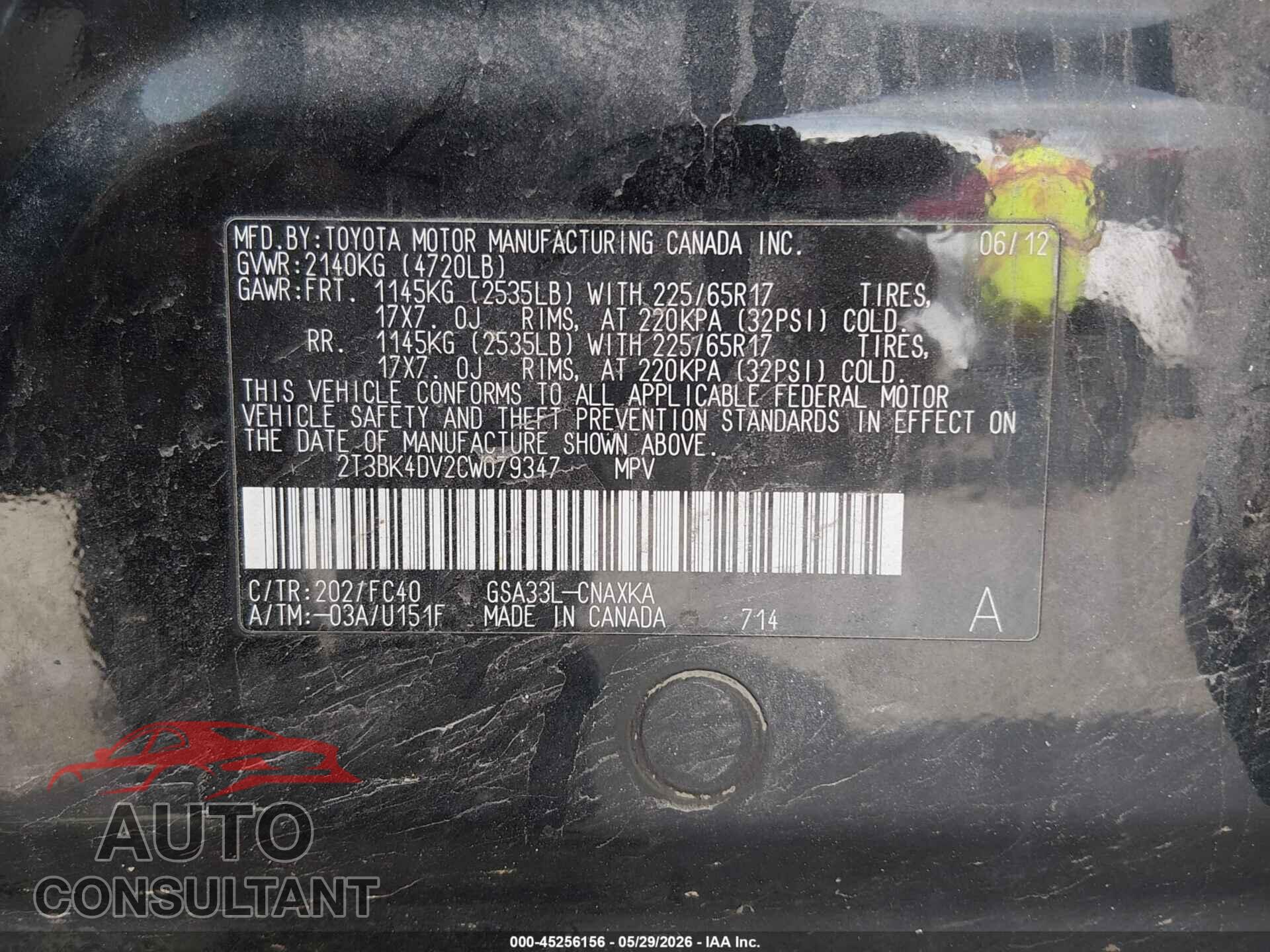 TOYOTA RAV4 2012 - 2T3BK4DV2CW079347