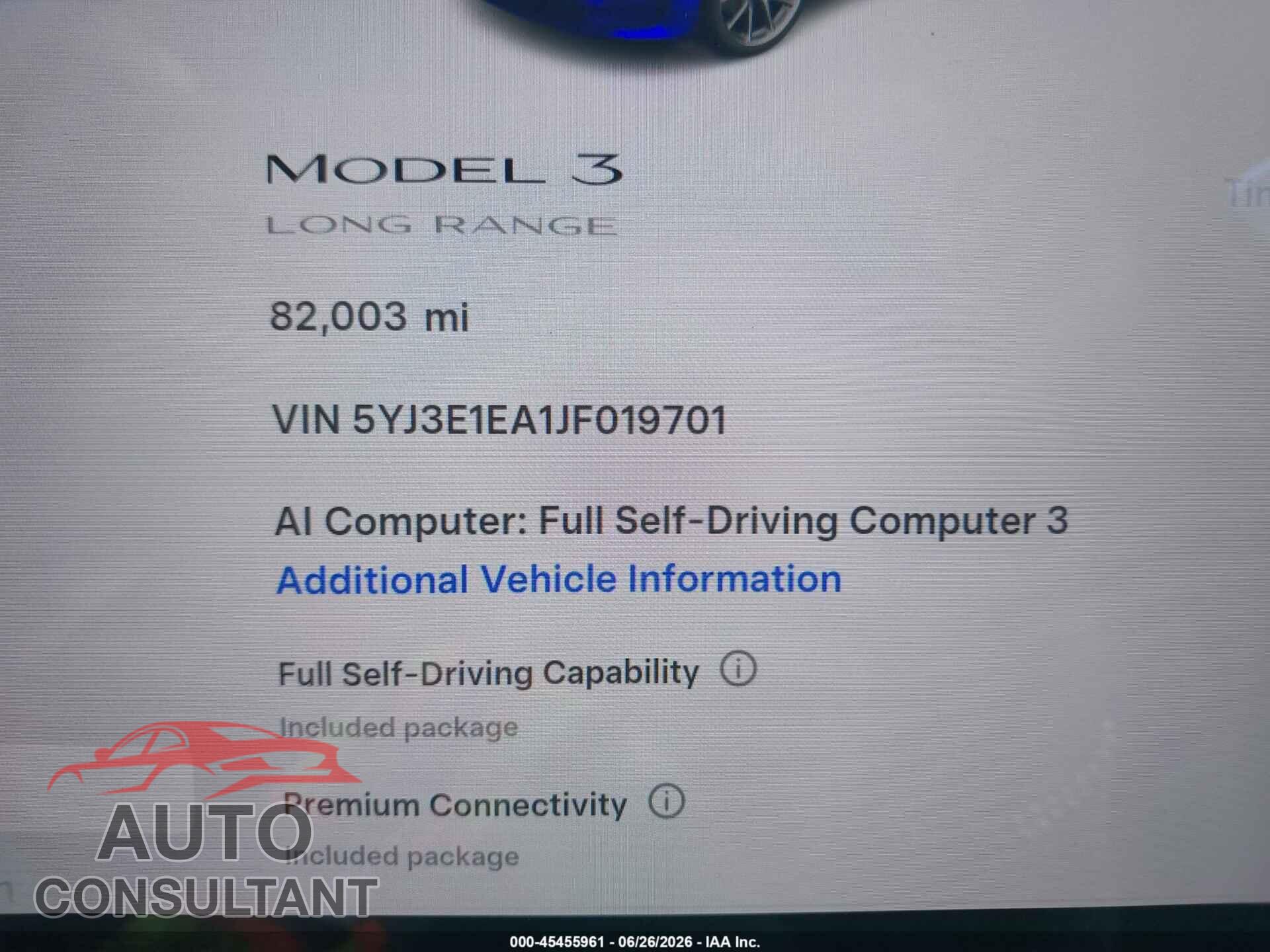 TESLA MODEL 3 2018 - 5YJ3E1EA1JF019701