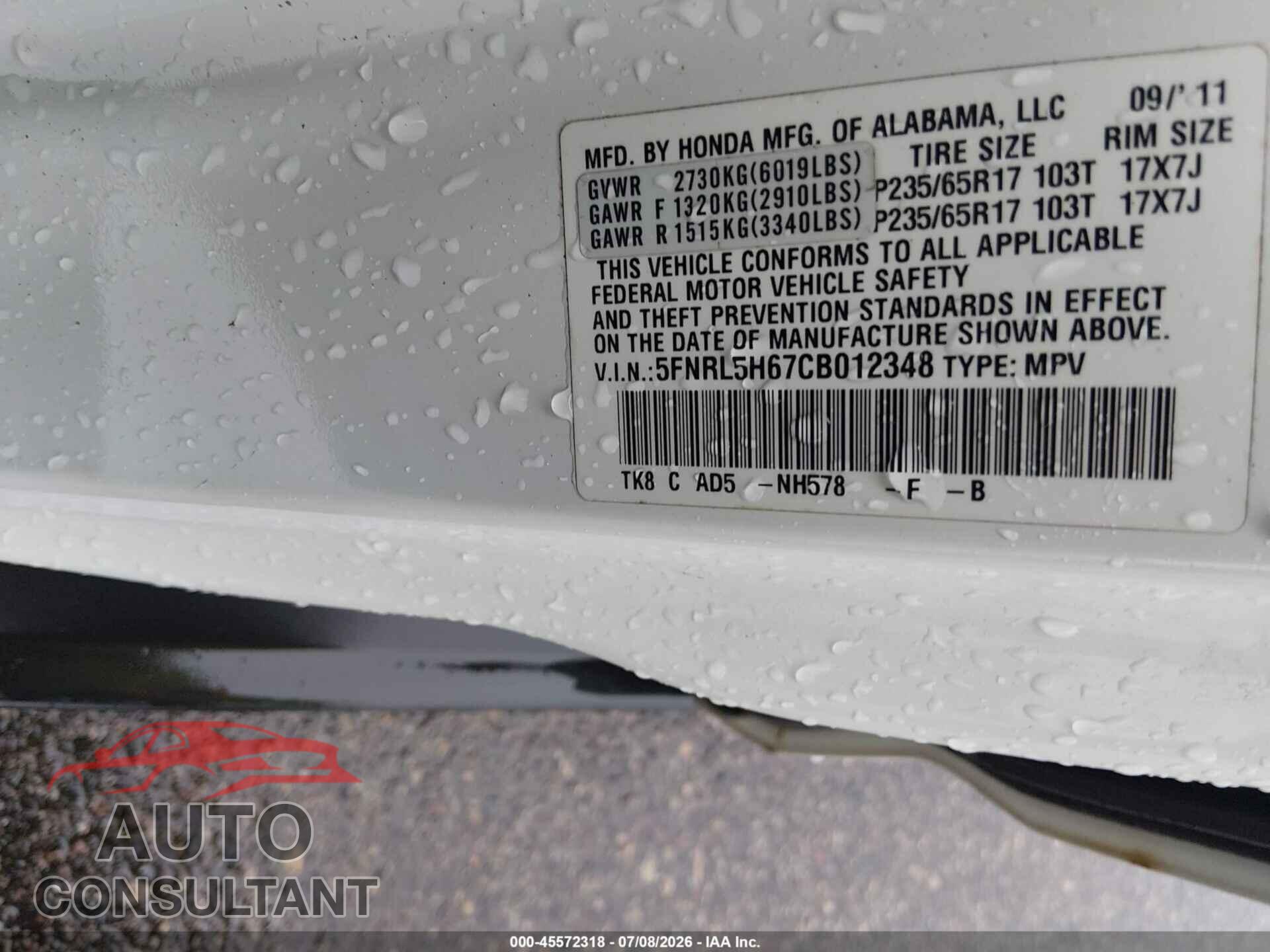 HONDA ODYSSEY 2012 - 5FNRL5H67CB012348
