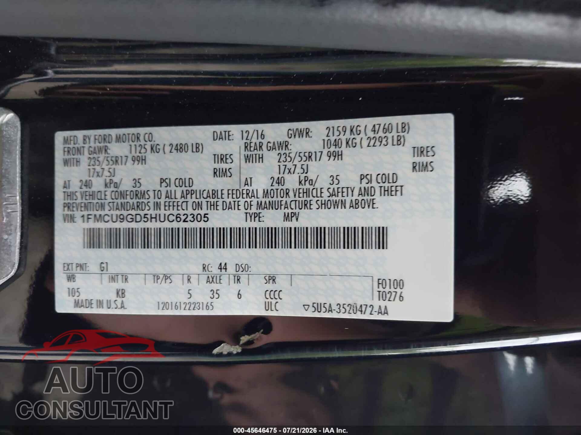 FORD ESCAPE 2017 - 1FMCU9GD5HUC62305