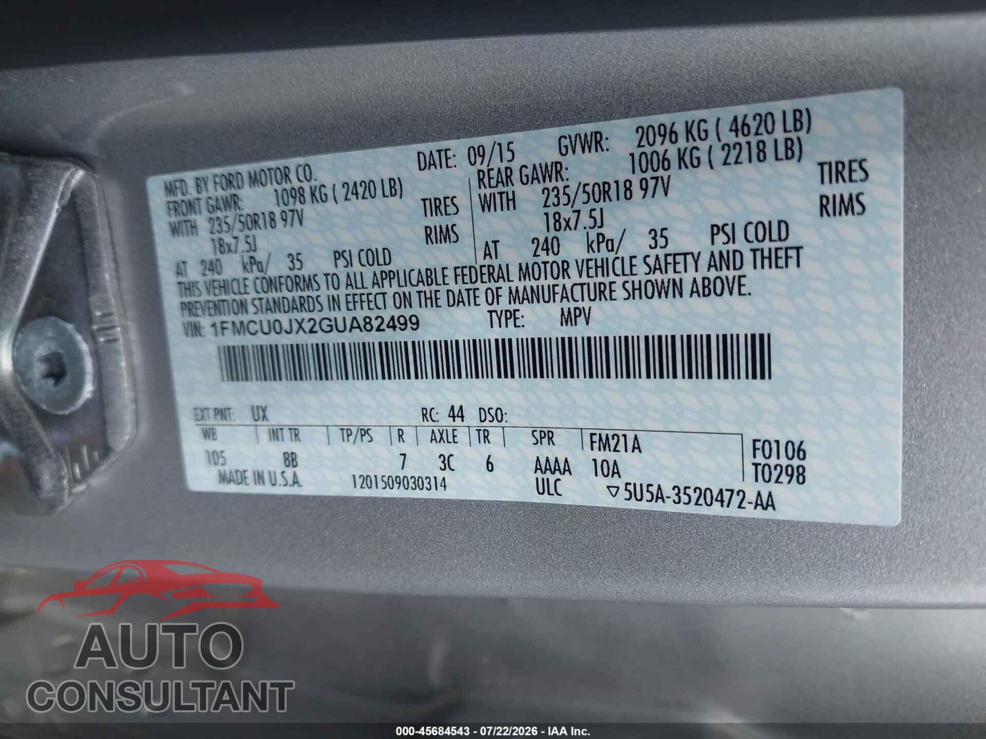 FORD ESCAPE 2016 - 1FMCU0JX2GUA82499