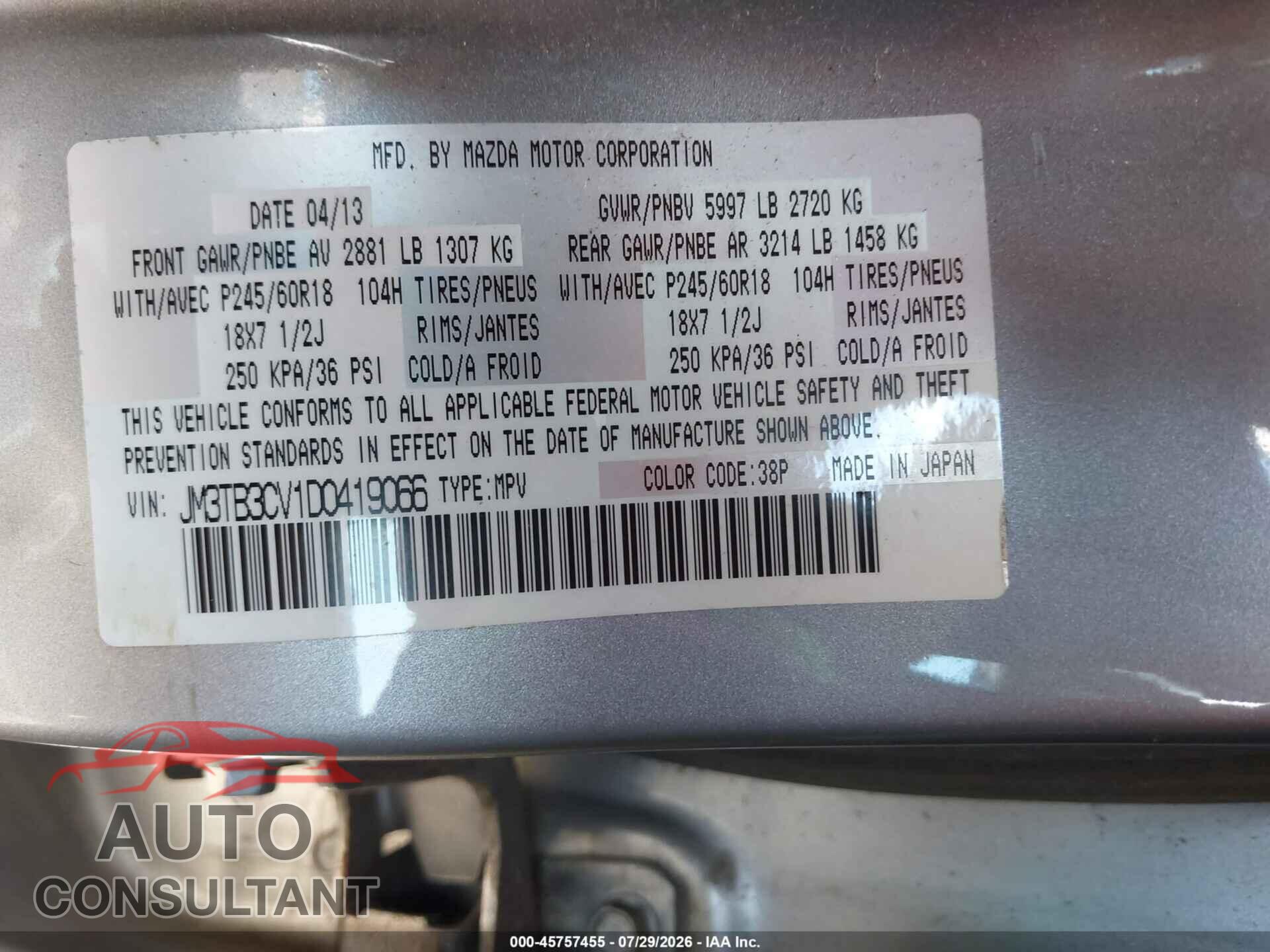MAZDA CX-9 2013 - JM3TB3CV1D0419066