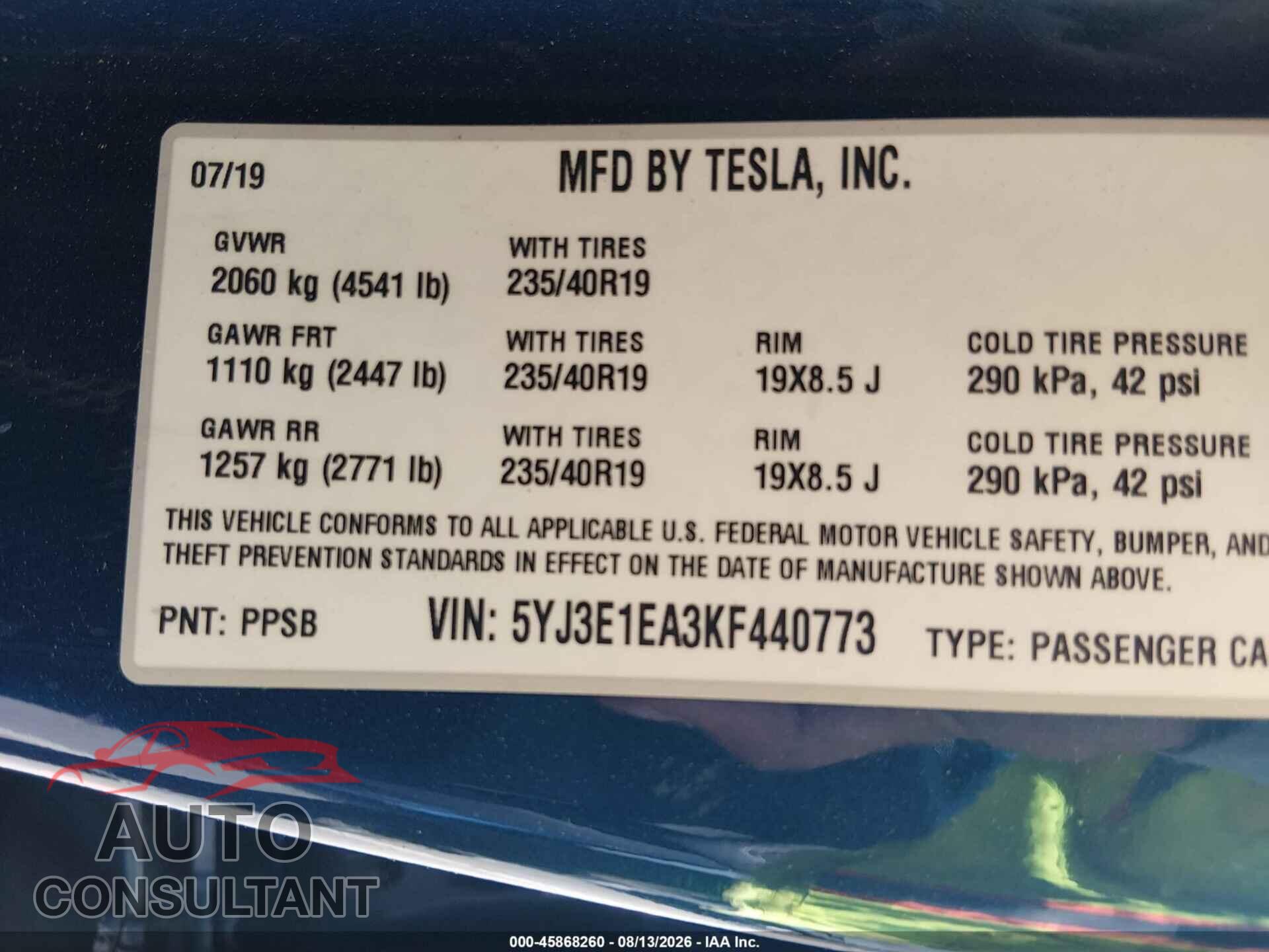 TESLA MODEL 3 2019 - 5YJ3E1EA3KF440773