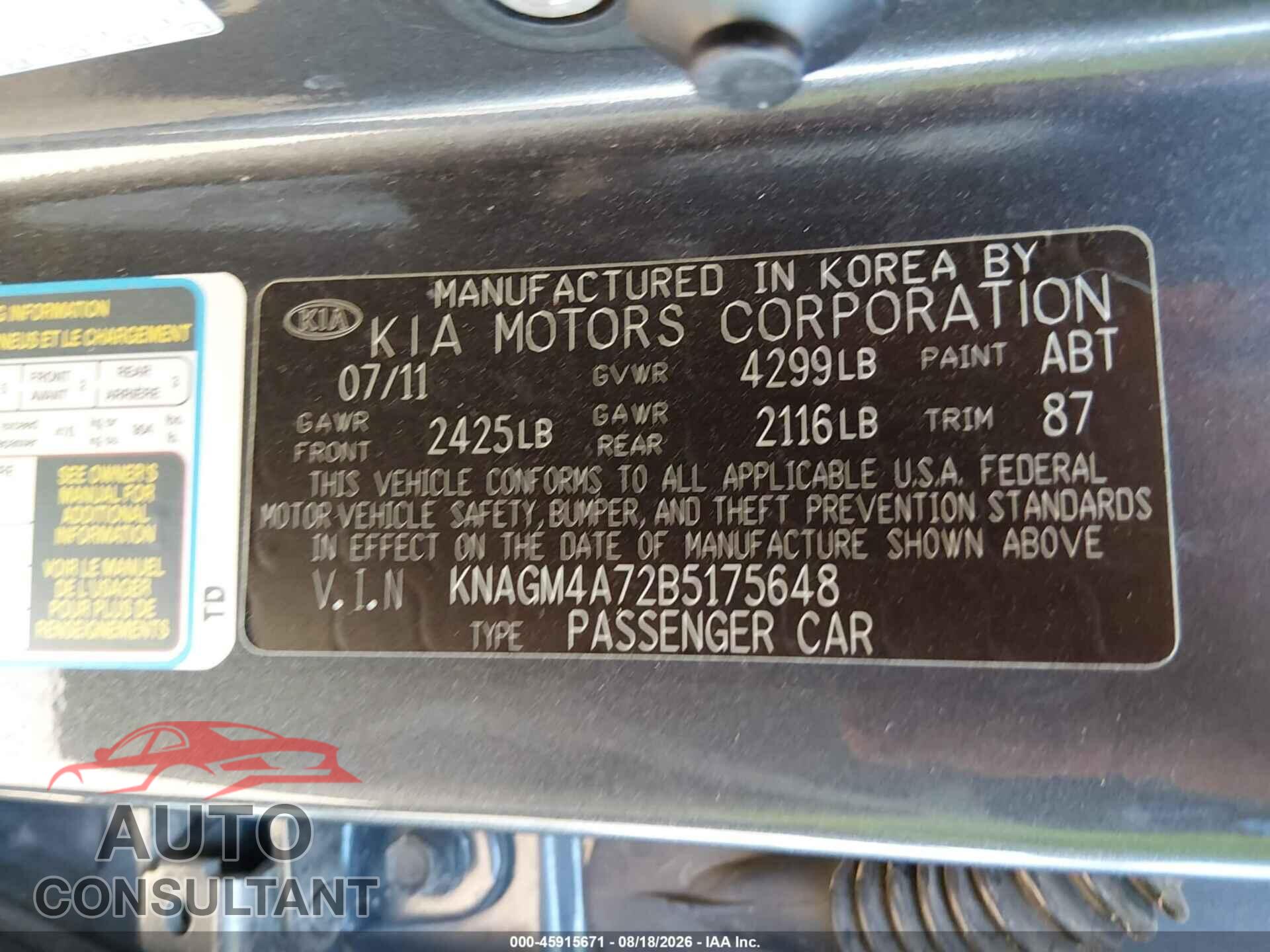 KIA OPTIMA 2011 - KNAGM4A72B5175648