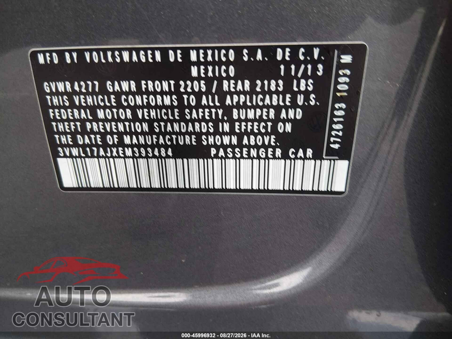 VOLKSWAGEN JETTA 2014 - 3VWL17AJXEM393484