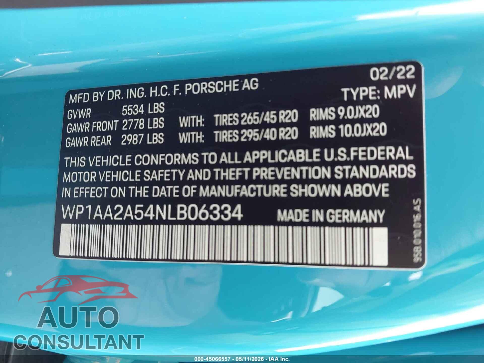 PORSCHE MACAN 2022 - WP1AA2A54NLB06334