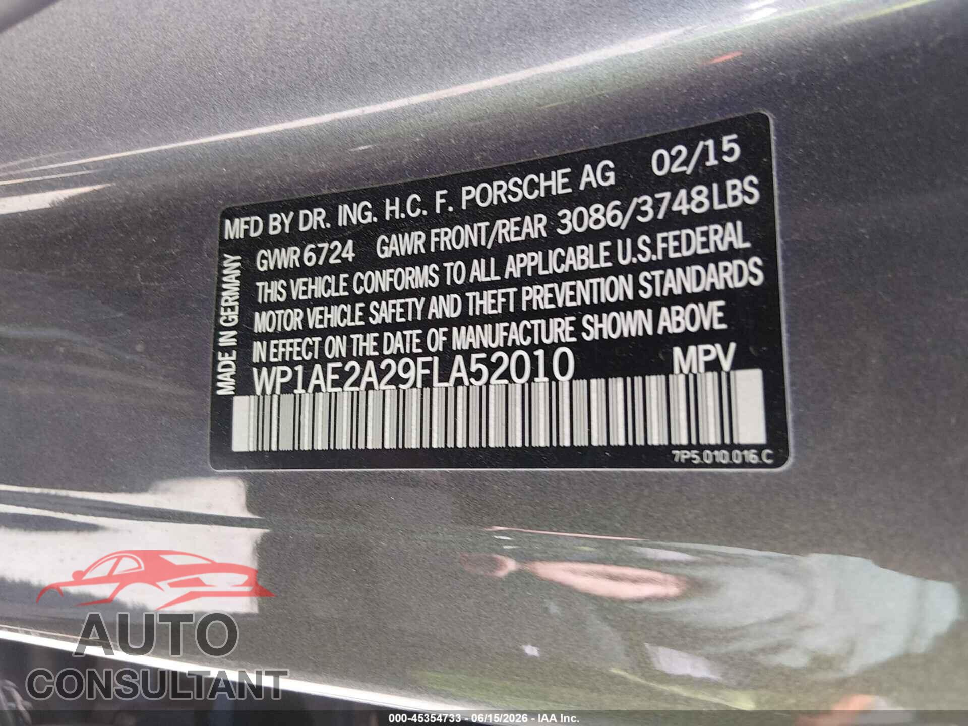 PORSCHE CAYENNE E-HYBRID 2015 - WP1AE2A29FLA52010