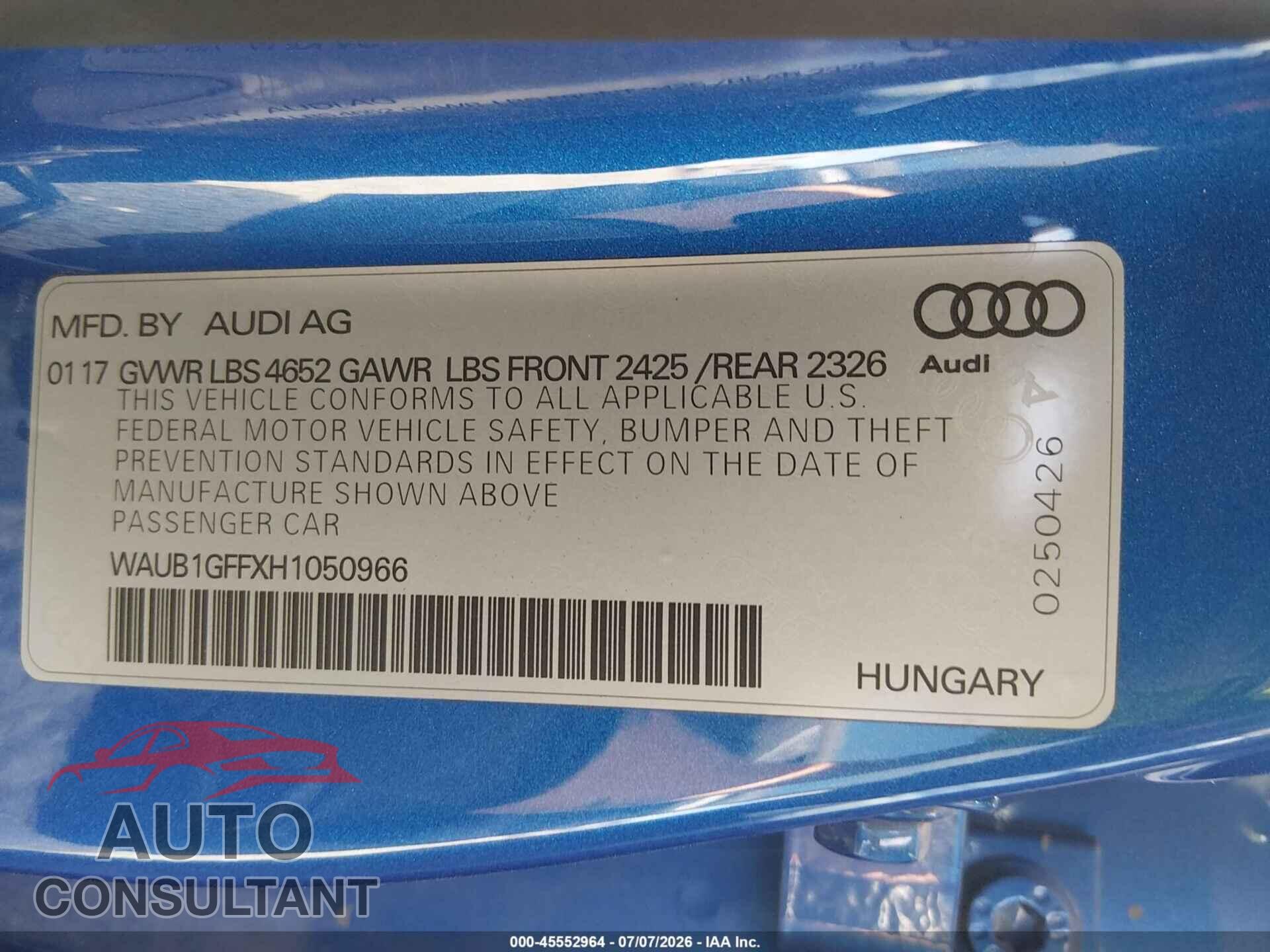 AUDI S3 2017 - WAUB1GFFXH1050966