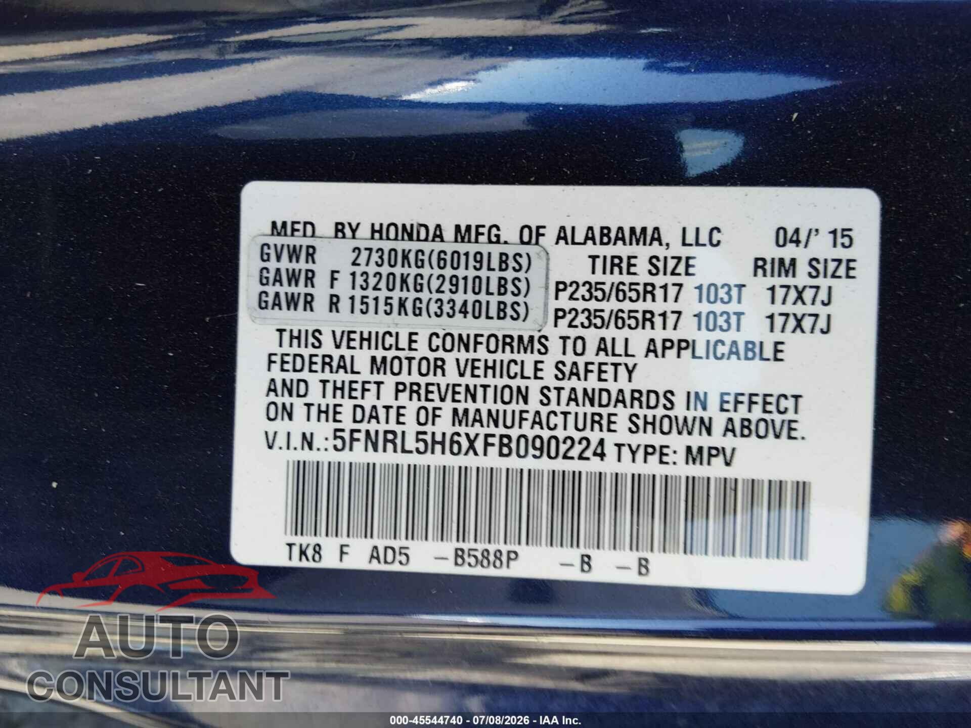 HONDA ODYSSEY 2015 - 5FNRL5H6XFB090224
