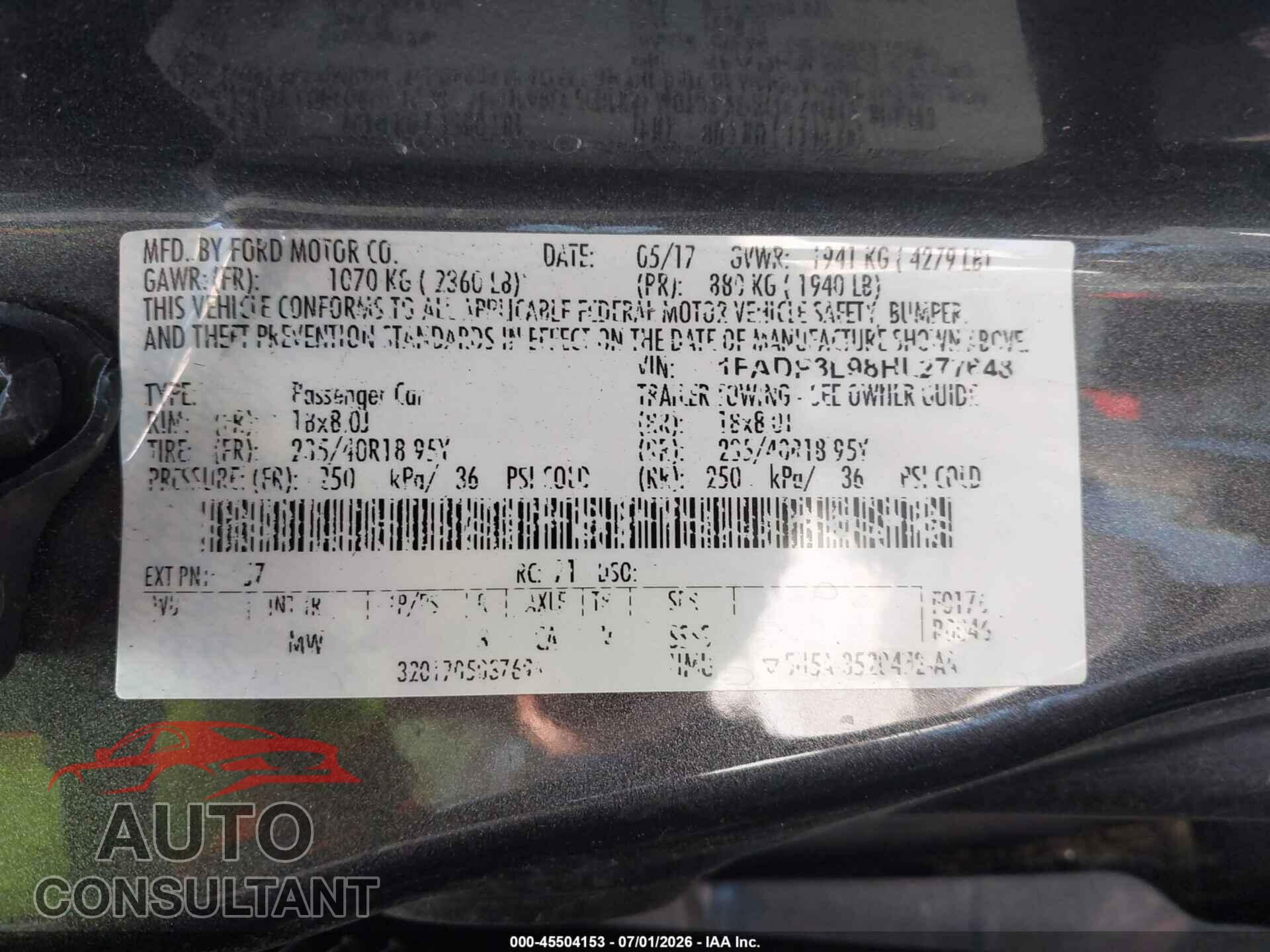 FORD FOCUS ST 2017 - 1FADP3L98HL277648
