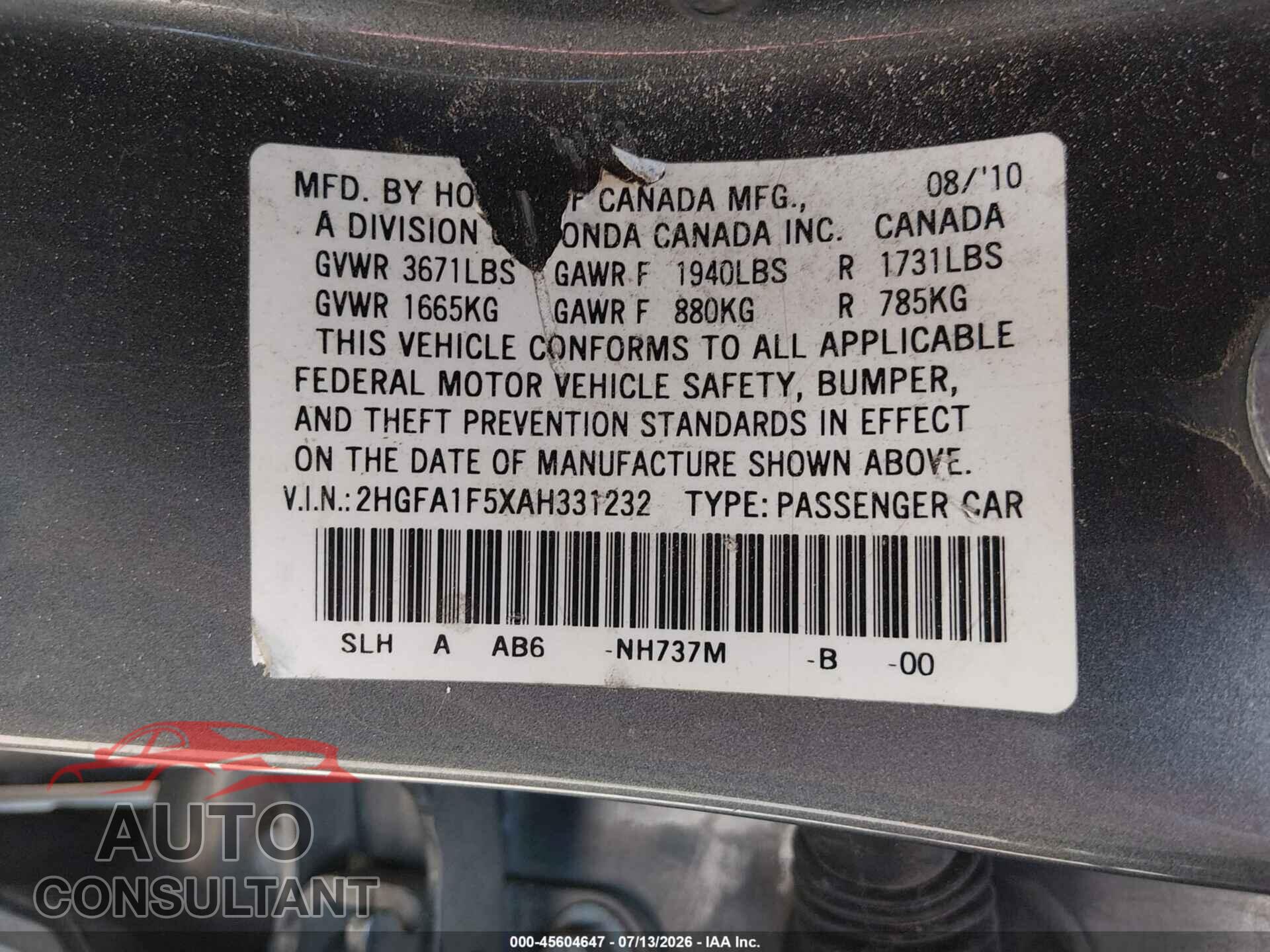 HONDA CIVIC 2010 - 2HGFA1F5XAH331232