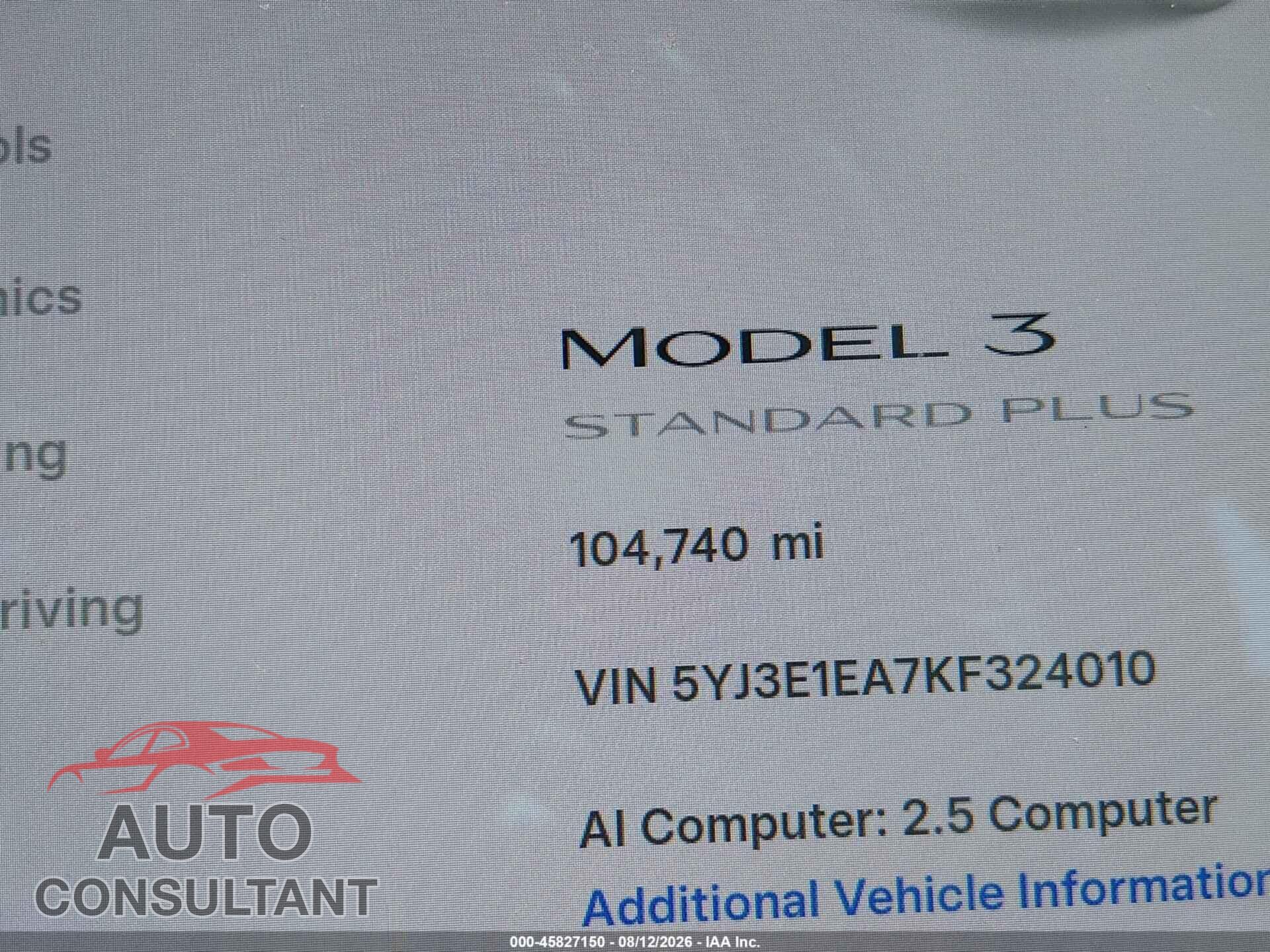 TESLA MODEL 3 2019 - 5YJ3E1EA7KF324010