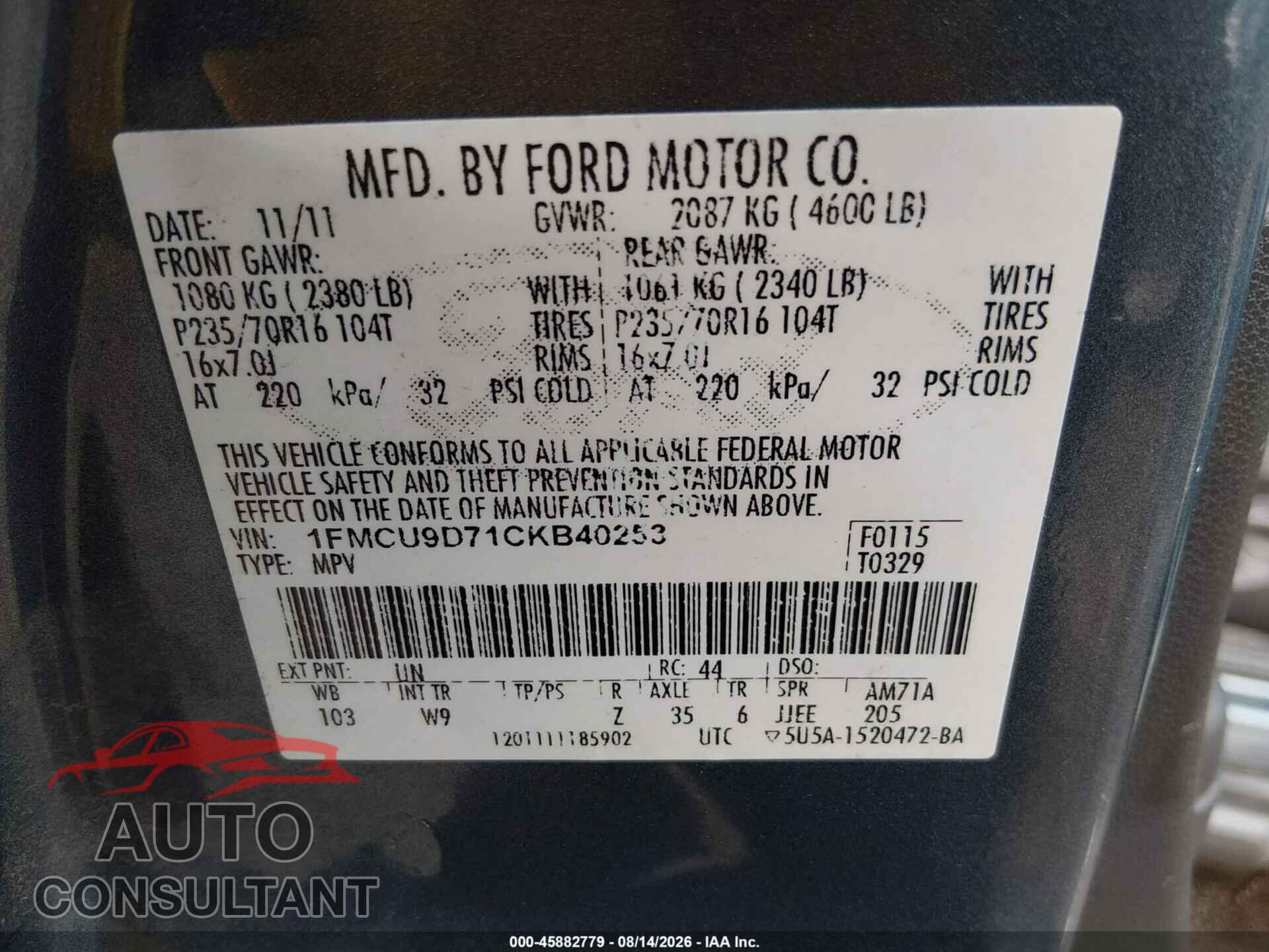 FORD ESCAPE 2012 - 1FMCU9D71CKB40253