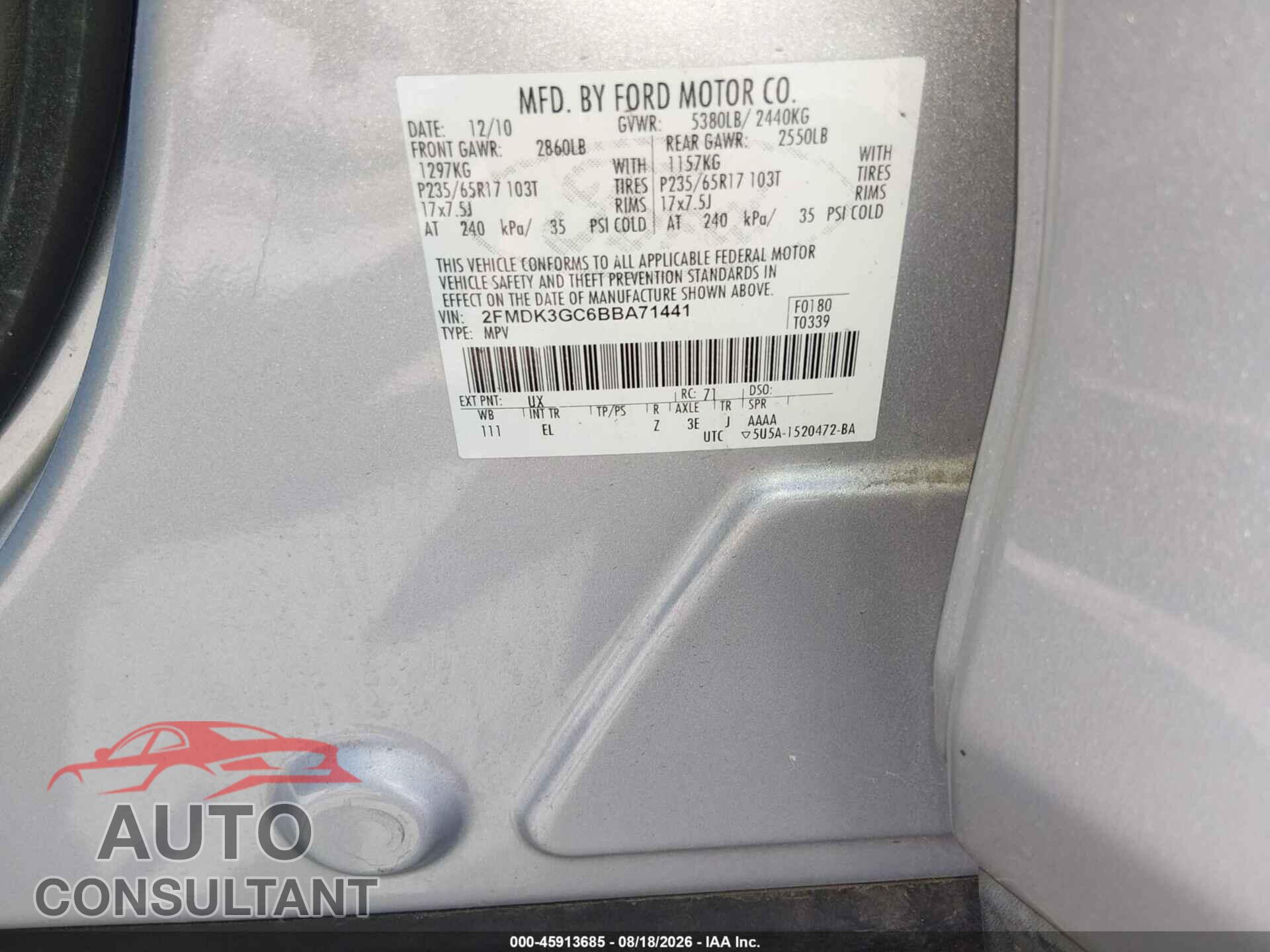 FORD EDGE 2011 - 2FMDK3GC6BBA71441