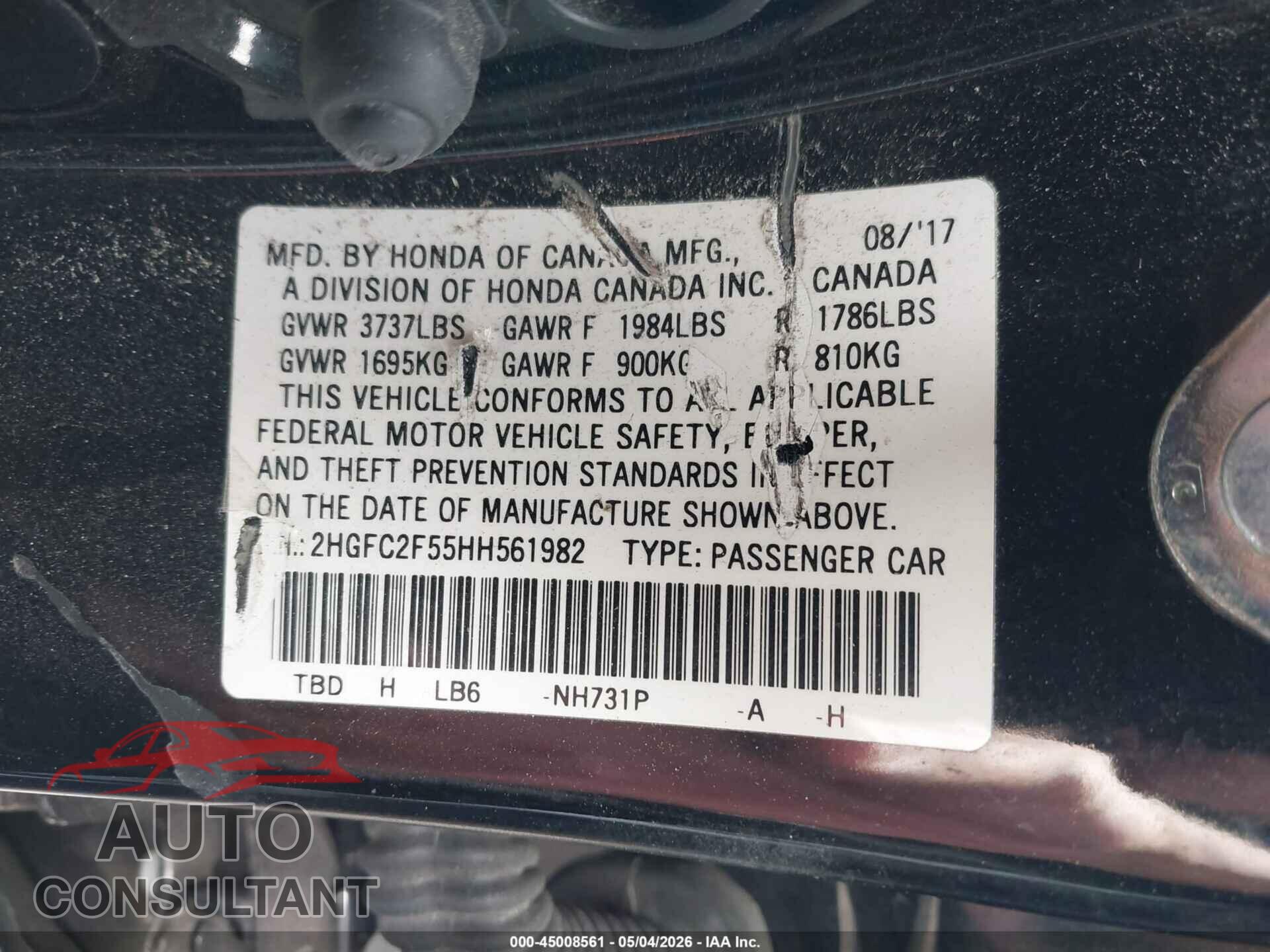 HONDA CIVIC 2017 - 2HGFC2F55HH561982